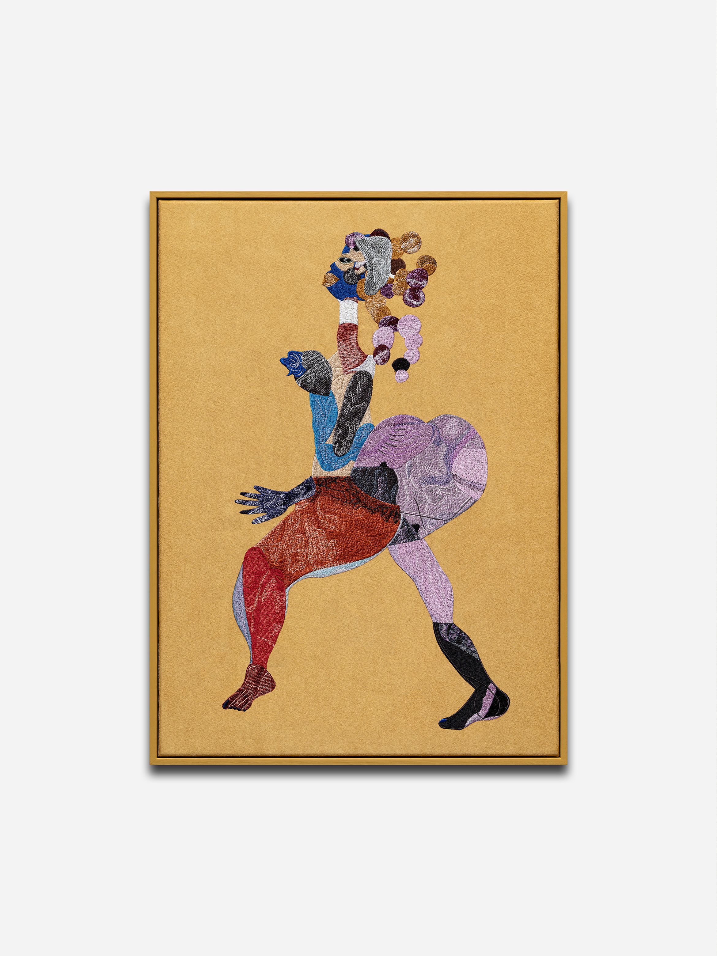 Abstract art of a figure in colourful, textured patches on a tan background, framed. Abstract art of a figure in colourful, textured patches on a tan background, framed.
