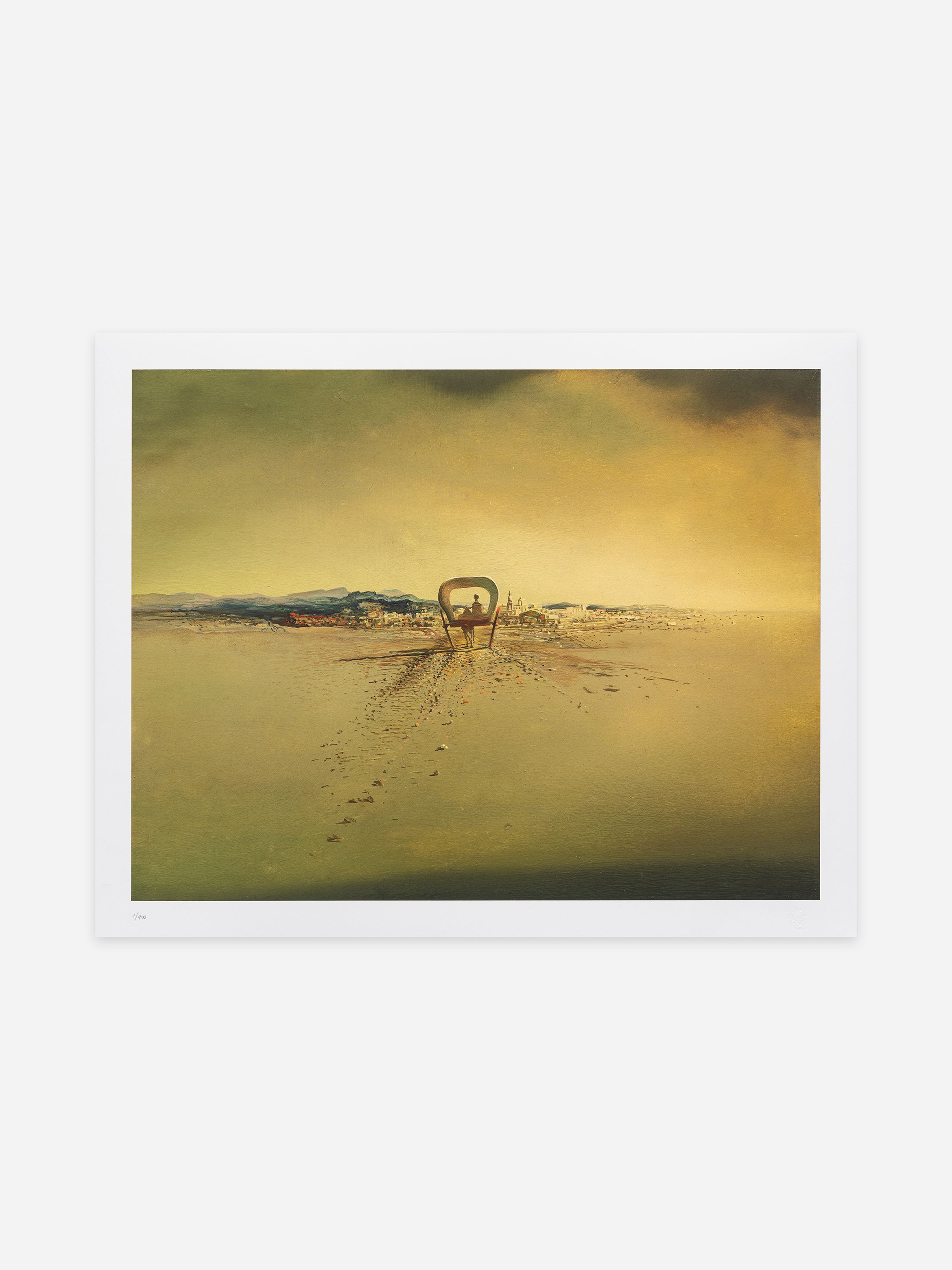 Surreal landscape with a large, abstract arch in the foreground, leading to a small town on the horizon under a cloudy sky. Surreal landscape with a large, abstract arch in the foreground, leading to a small town on the horizon under a cloudy sky.