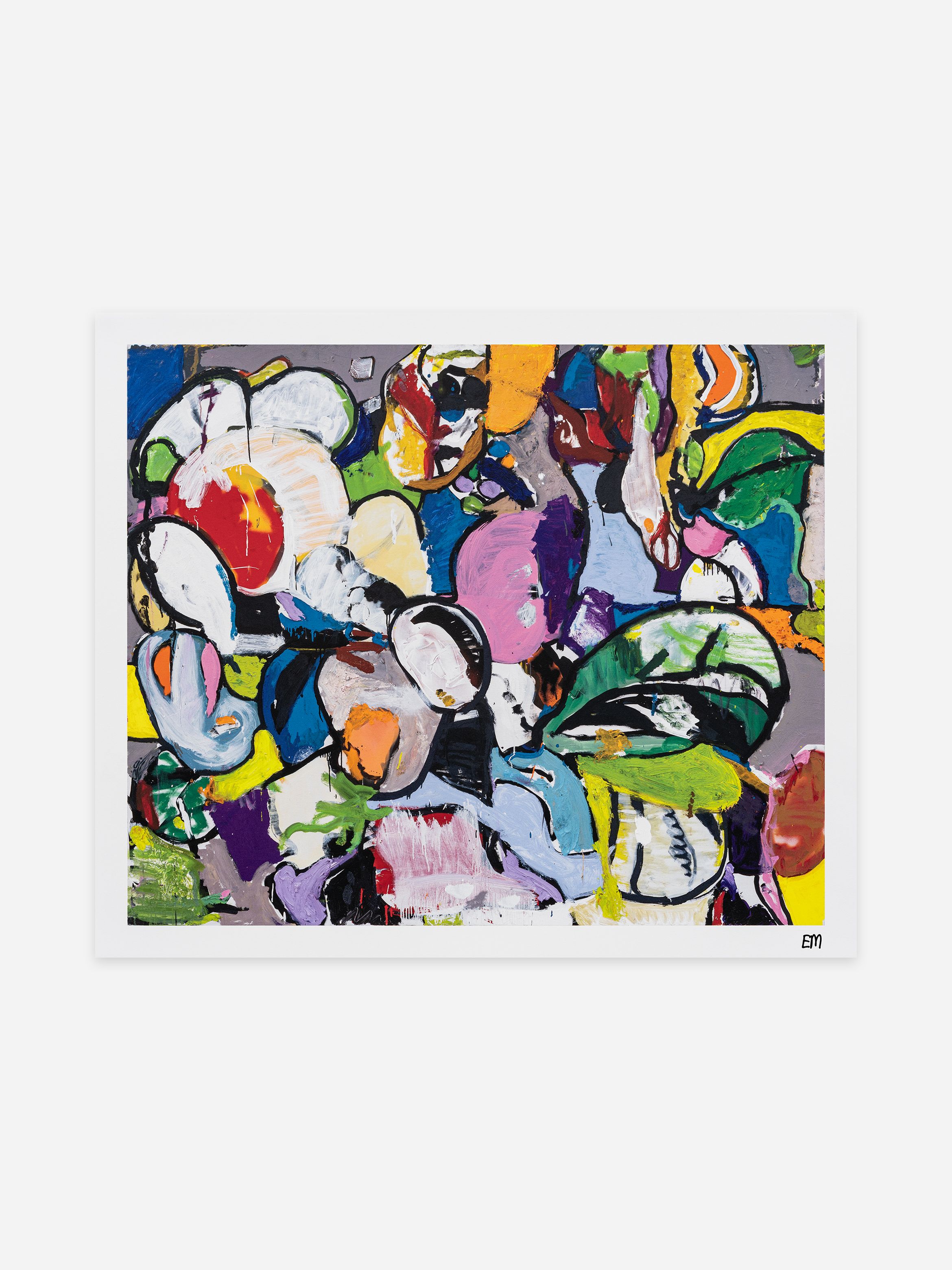 Abstract painting with bold, vibrant colours and shapes layered in a dynamic, energetic composition on a grey background.