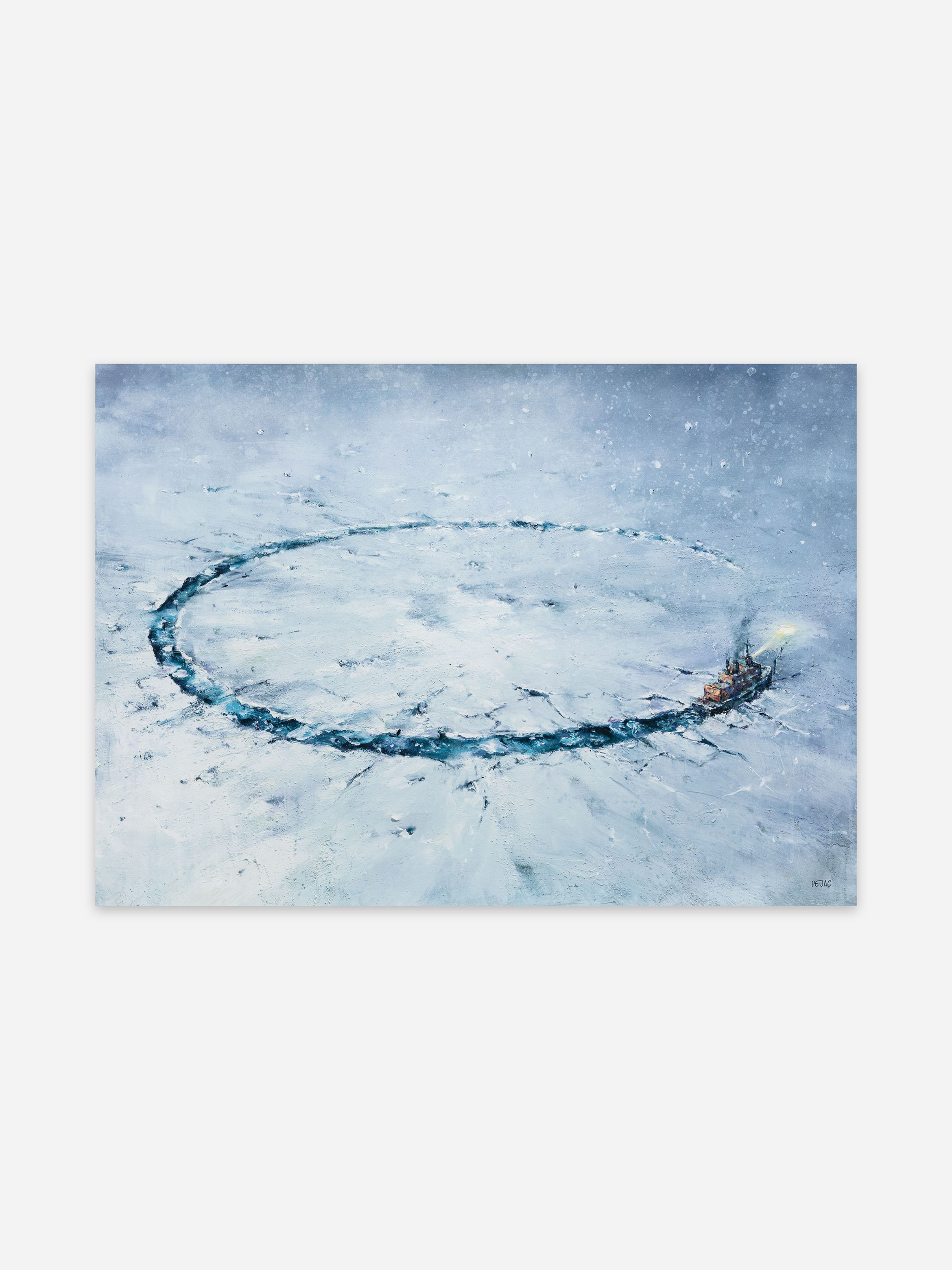 Painting of an icebreaker ship forming a large circular path in the ice, surrounded by snow-covered terrain under an overcast sky. Painting of an icebreaker ship forming a large circular path in the ice, surrounded by snow-covered terrain under an overcast sky.