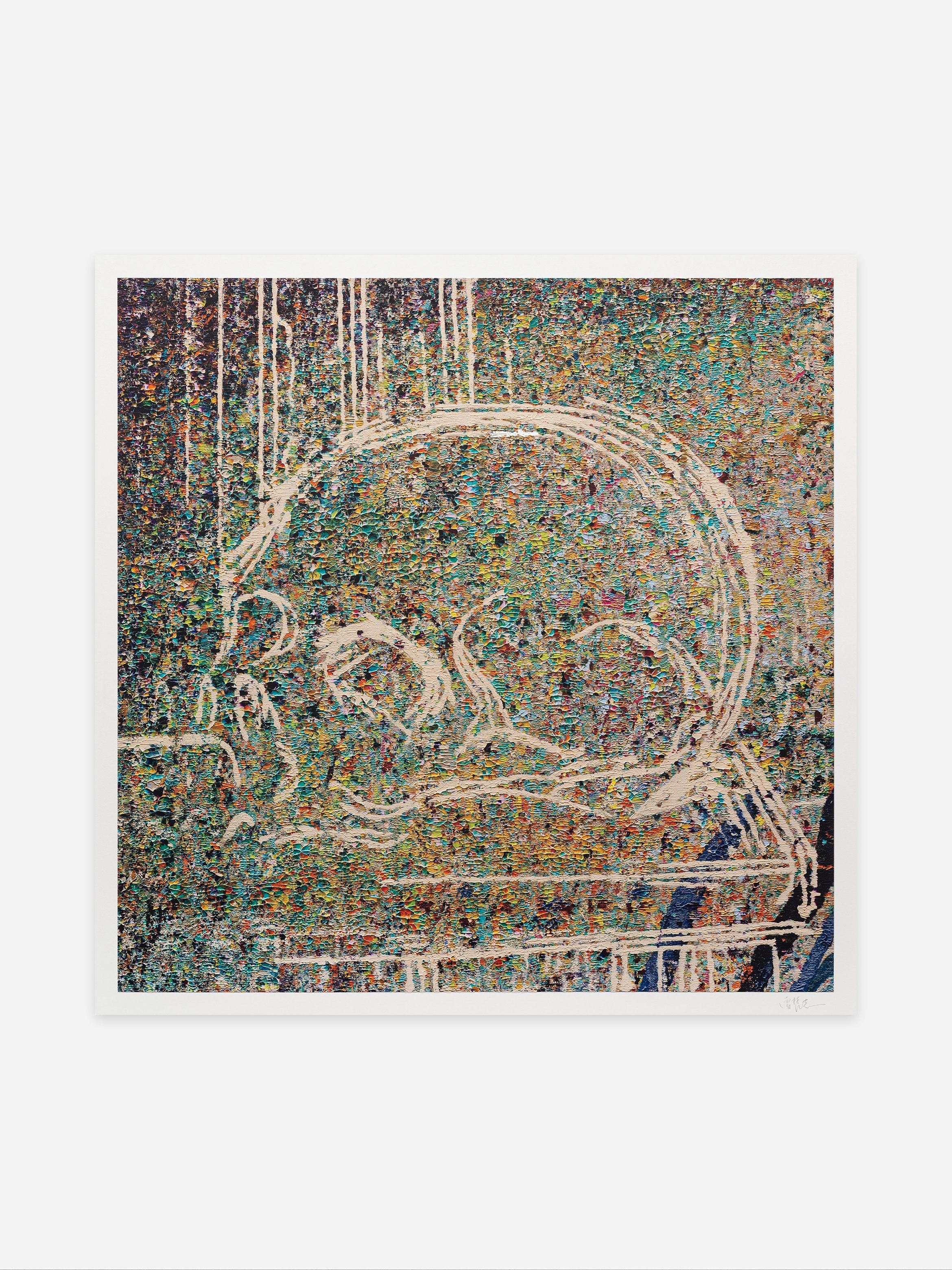 Abstract painting featuring a textured background with a mix of colourful dots and white outlines, evoking a vibrant, dynamic feel.