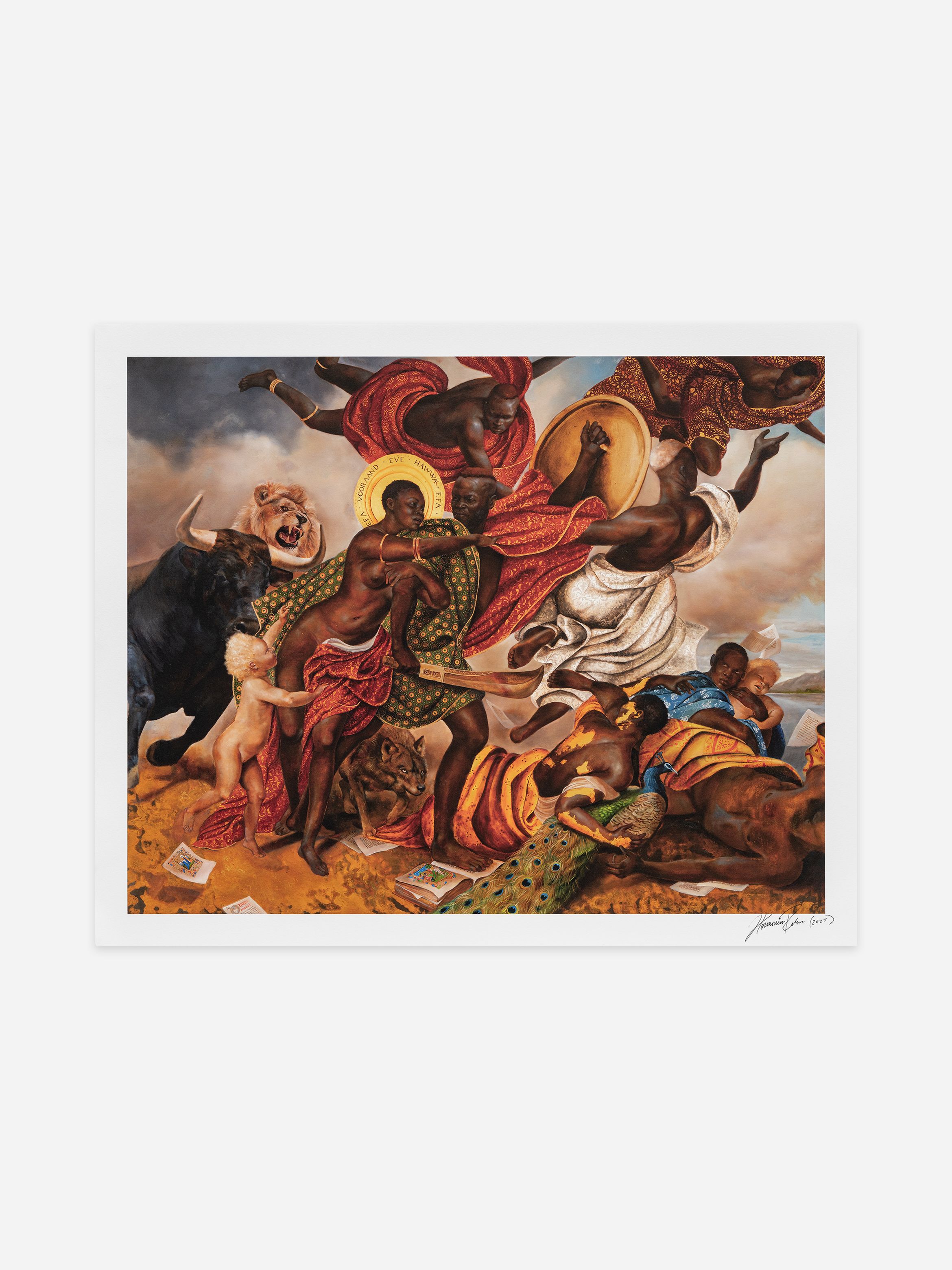 A vibrant, dynamic scene with figures in colorful attire, a bull, and dramatic poses against a cloudy sky, signed at the bottom right.