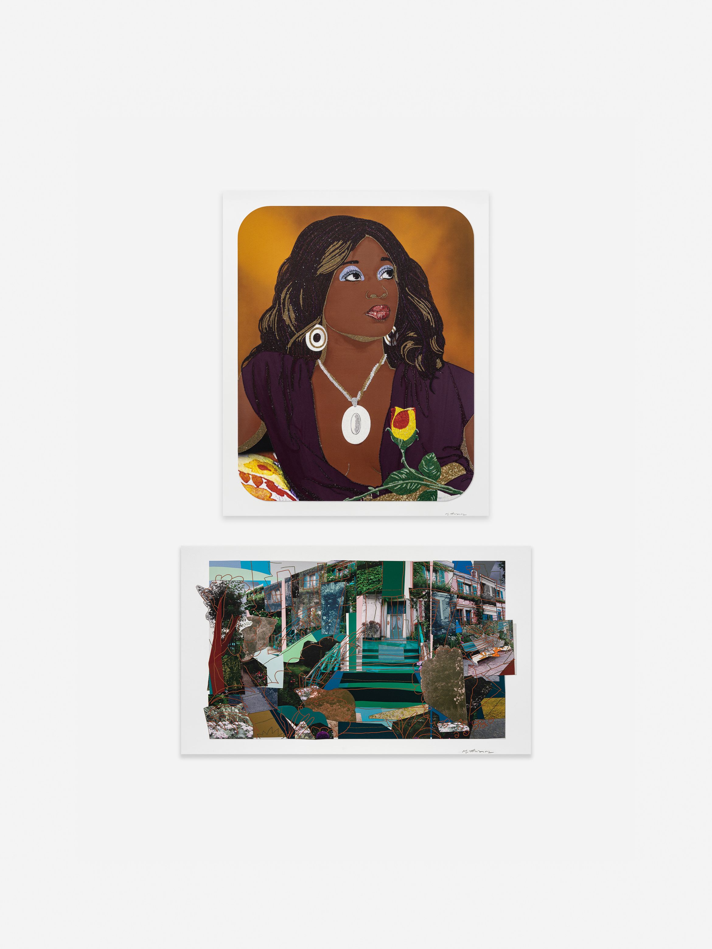 Top: Portrait of a woman with large earrings and a necklace. Bottom: Collage of a colorful, abstract architectural scene.