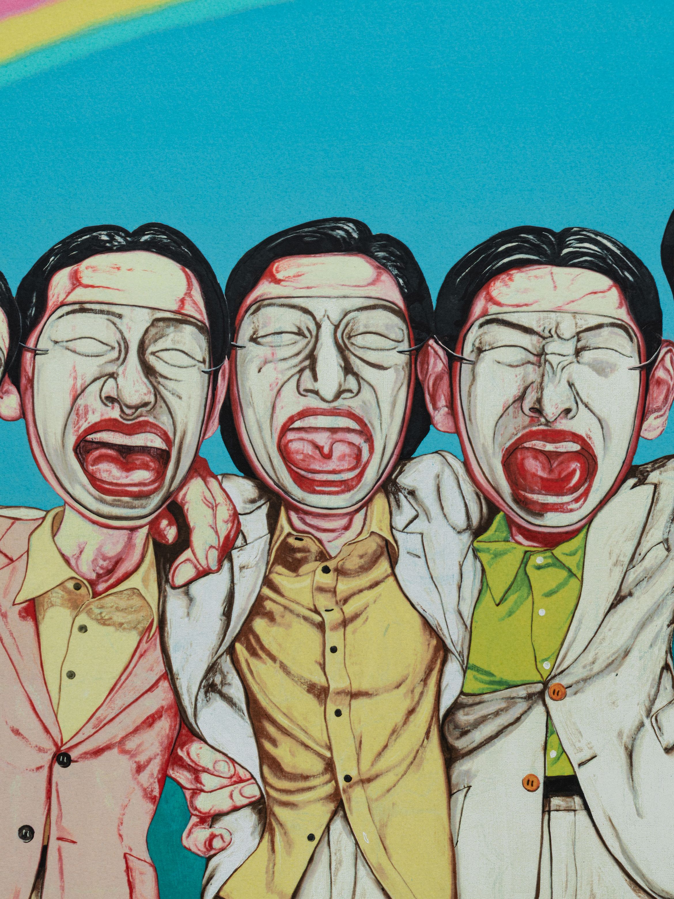 Surreal painting of people in colourful suits with exaggerated, open-mouthed expressions under a blue sky with a rainbow.