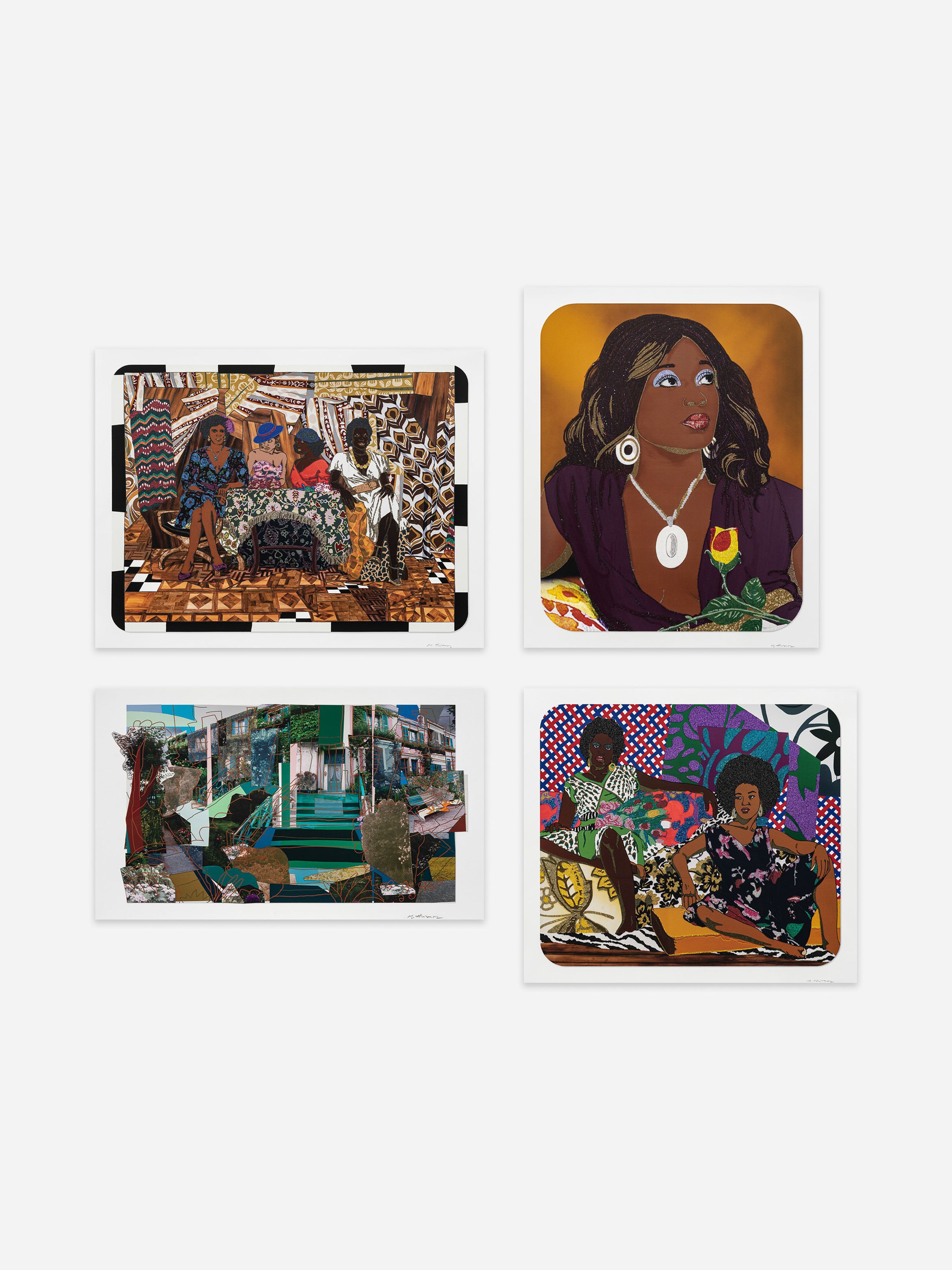 Four vibrant artworks depicting diverse figures, detailed patterns, and rich colours, each with a unique composition and style.