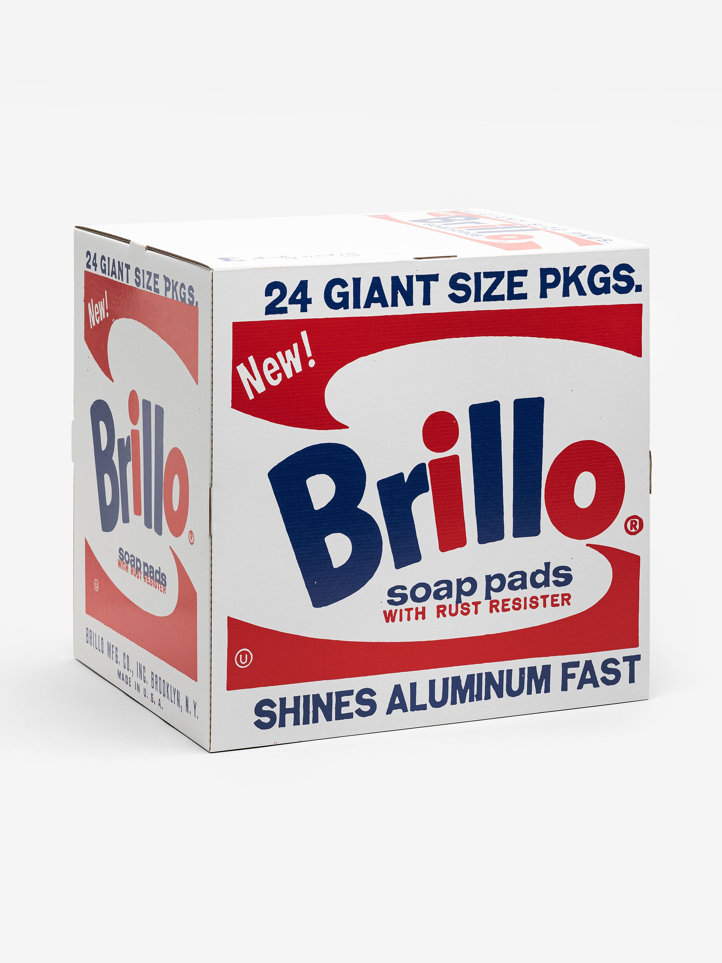 A large white cardboard box of Brillo soap pads with bold red and blue lettering, advertising 24 giant size packages and rust resistance.