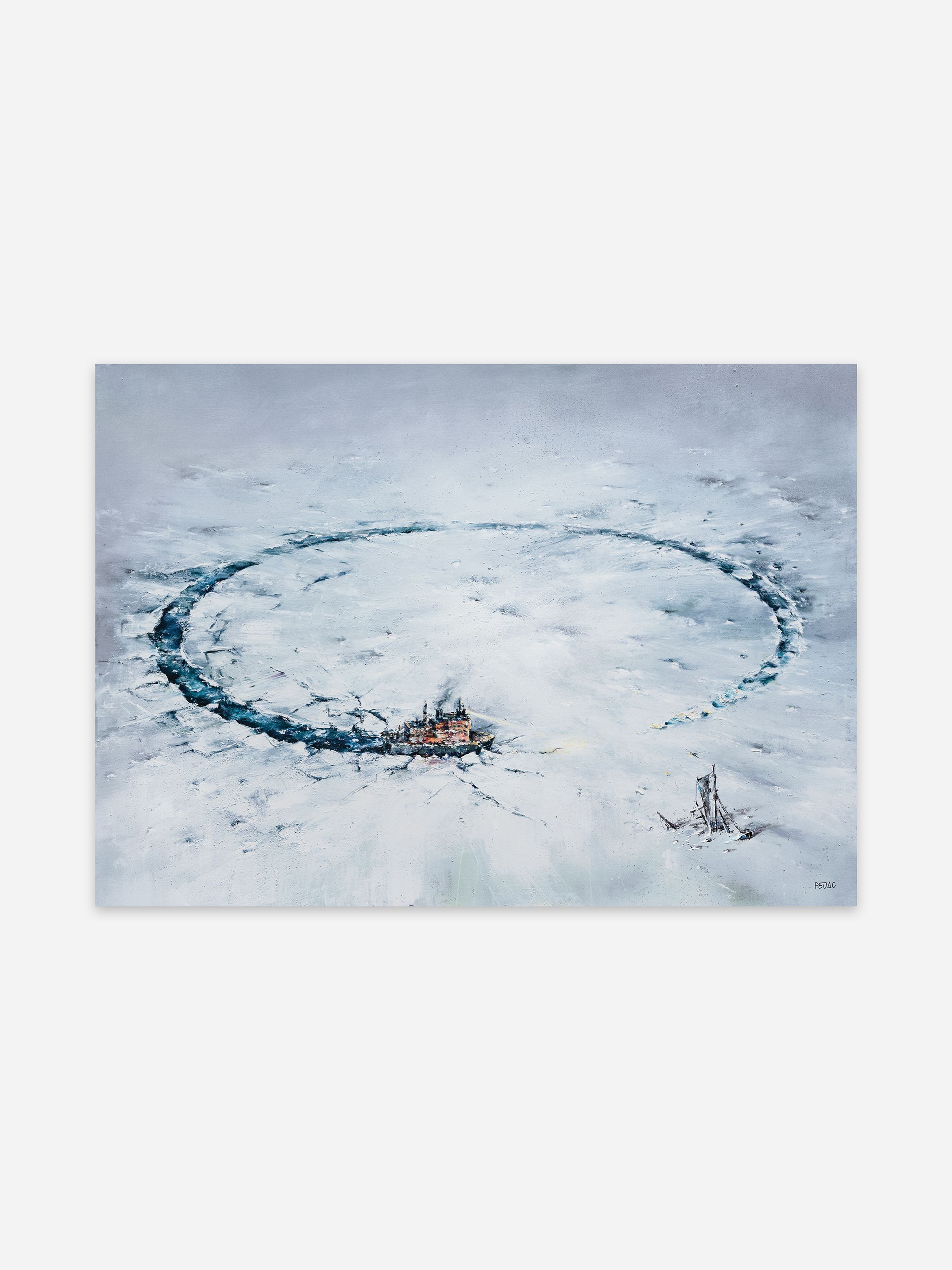 A painting of an icebreaker carving a wide circular path through the ice, with another vessel trapped nearby, set against snow-covered terrain beneath an overcast sky.