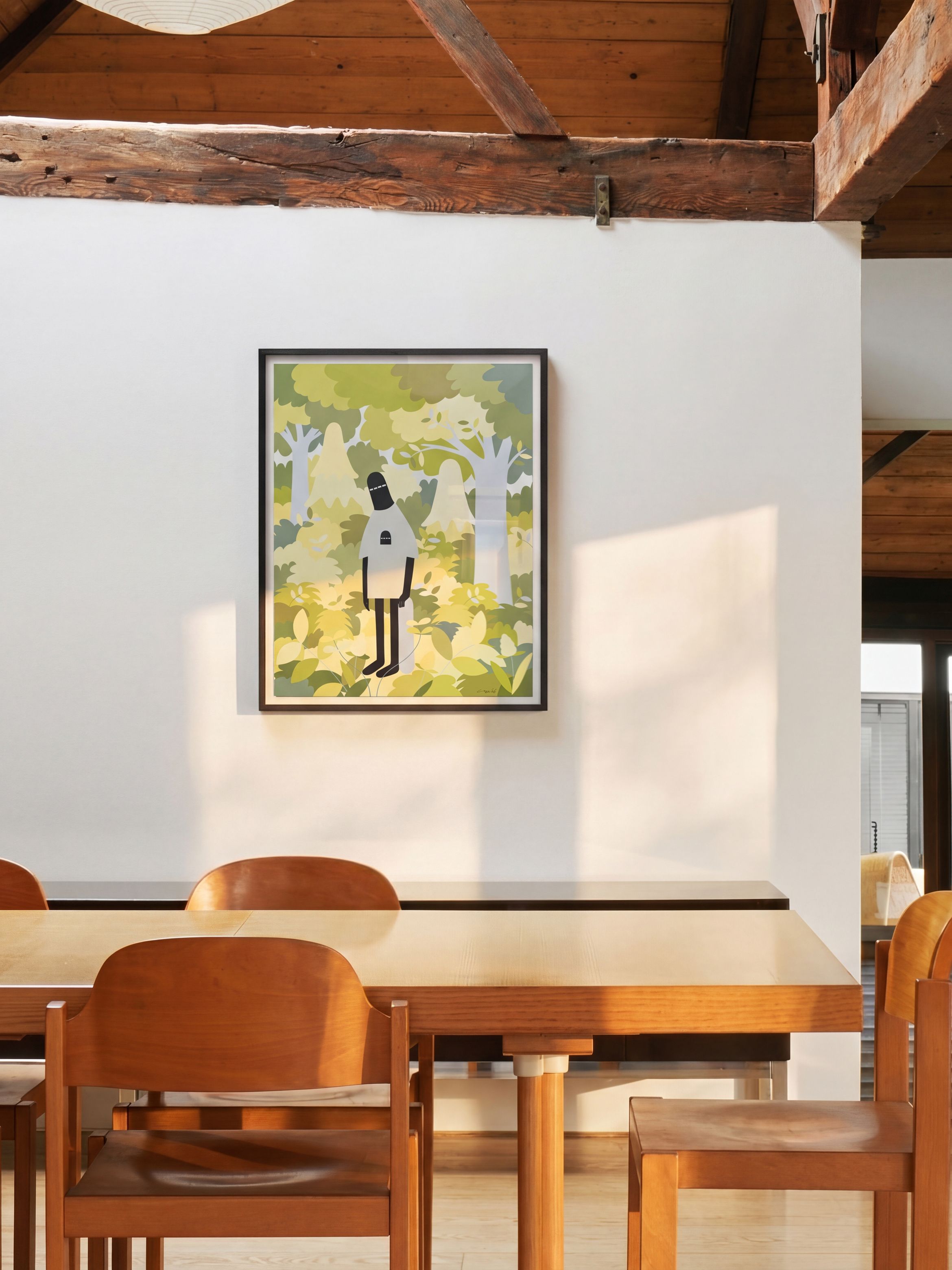 Cozy dining room with wooden furniture, a framed modern art piece on the wall, and warm natural light filtering through wooden beams.