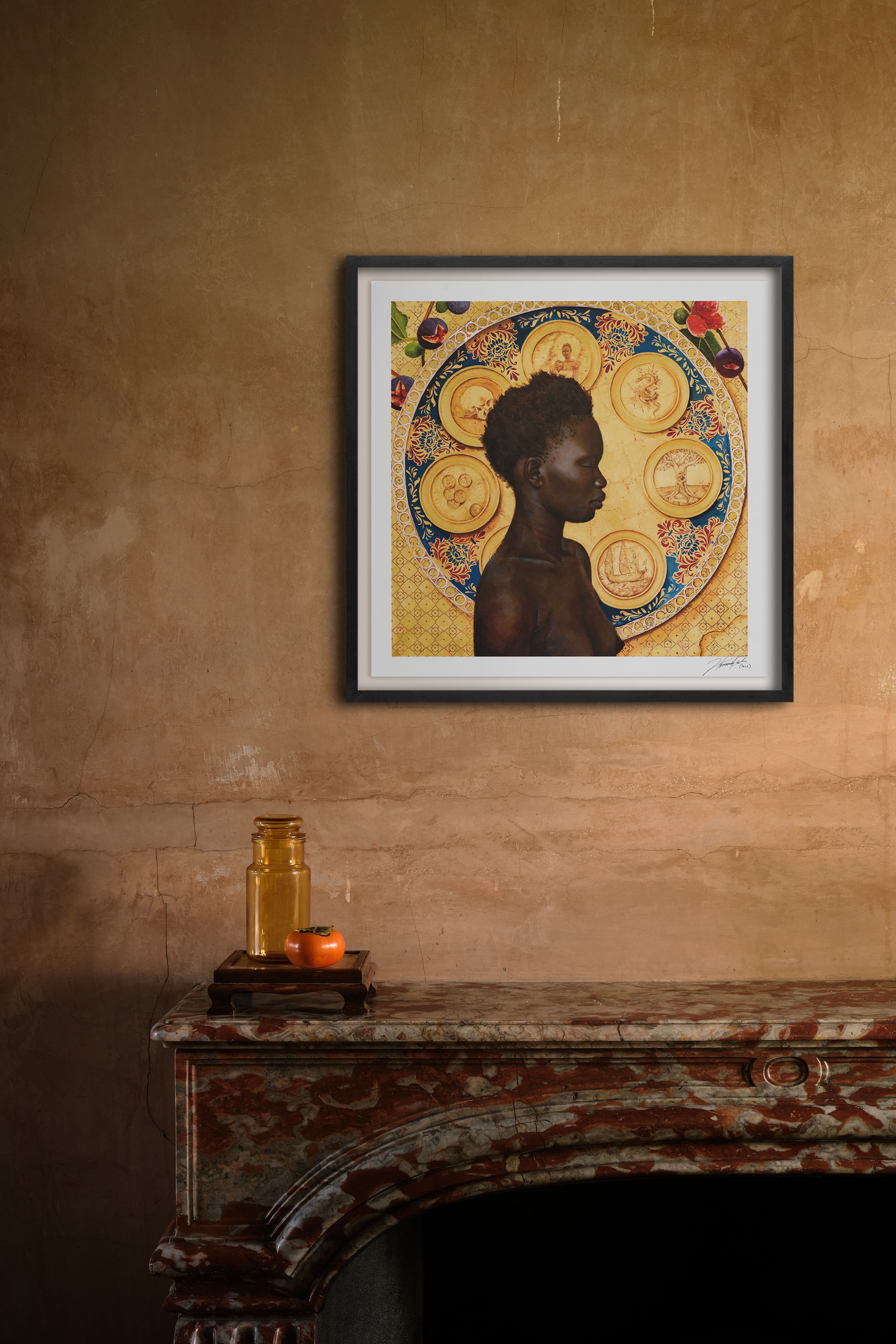 A framed artwork of a person in profile with a decorative circular background hangs above a rustic mantel with a jar and a small orange fruit.
