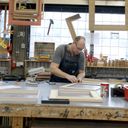 Nils working on the frame for Yu Nagaba print Nils working on the frame for Yu Nagaba print