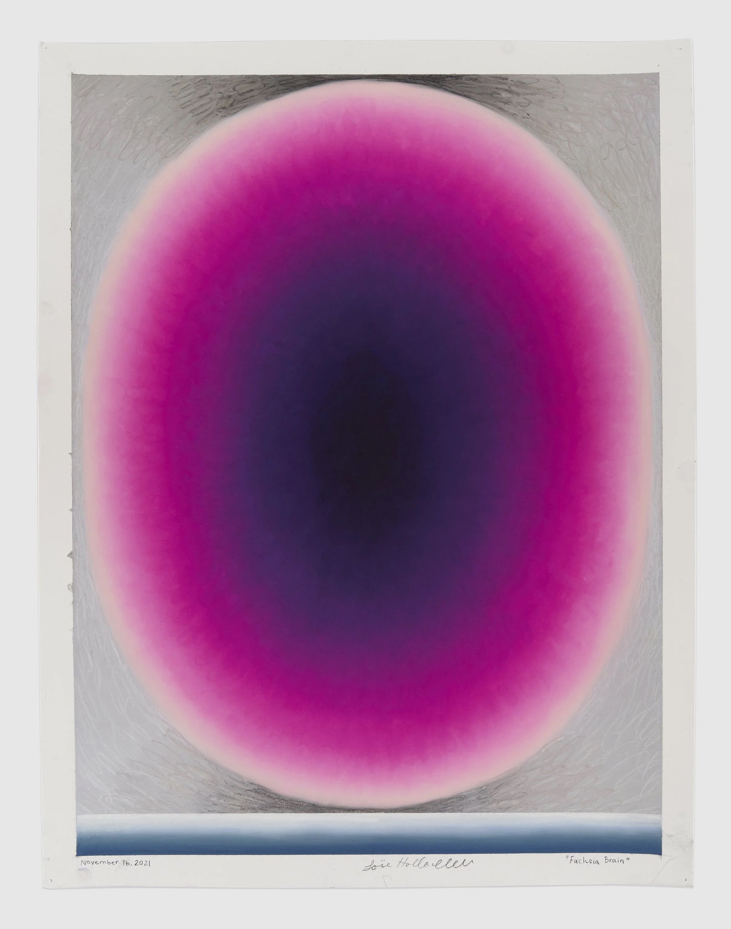 An abstract artwork featuring a large oval gradient, transitioning from deep purple at the center to bright pink at the edges on a textured background.