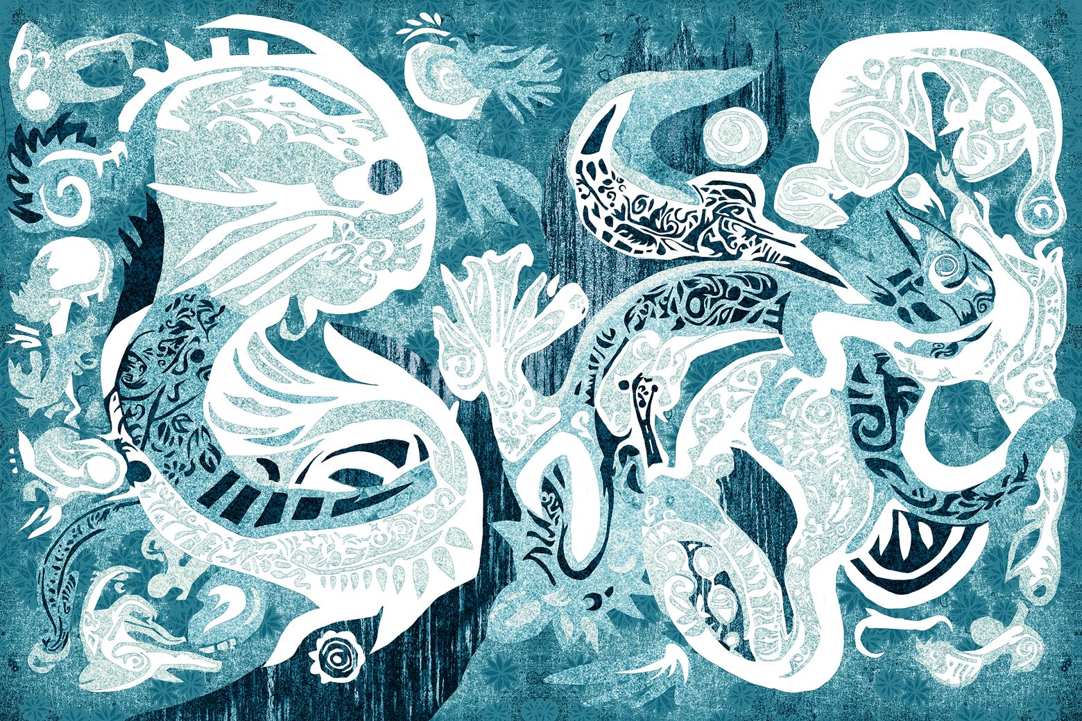 Crescent Blue, white creature shapes filled with fine patterns swirling over a textured teal ground