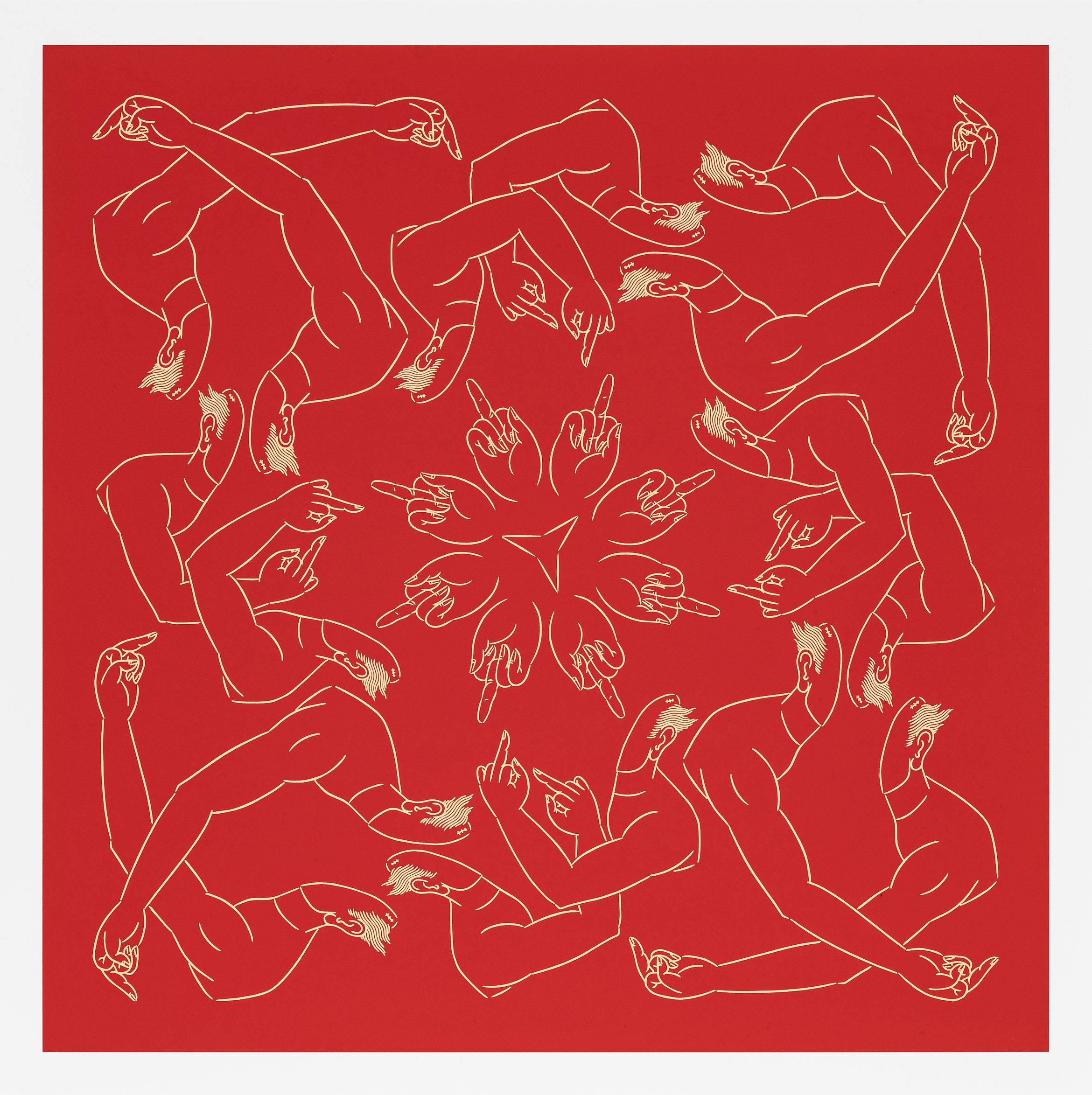 Abstract design of intertwined, outlined human figures on a red background, forming a symmetrical pattern with hands pointing outward.