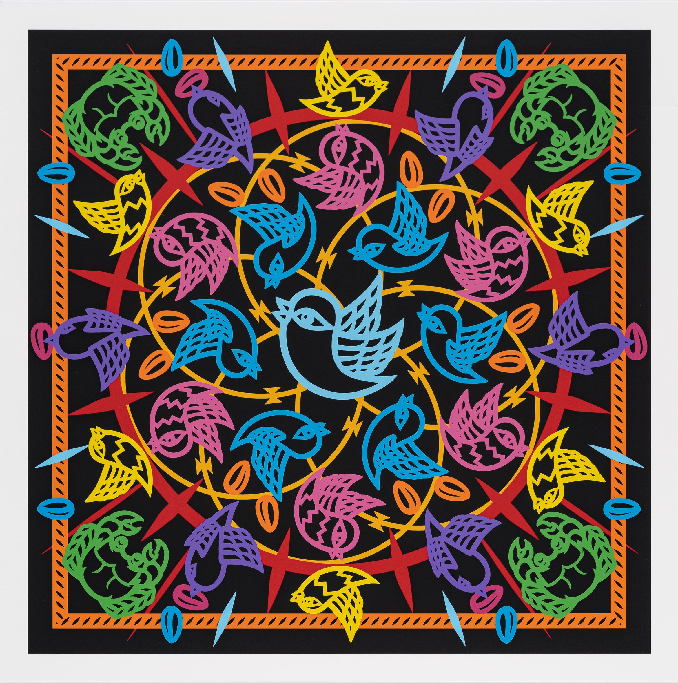 Colorful geometric pattern with birds, brains, and abstract shapes on a black background, featuring red intersecting lines.