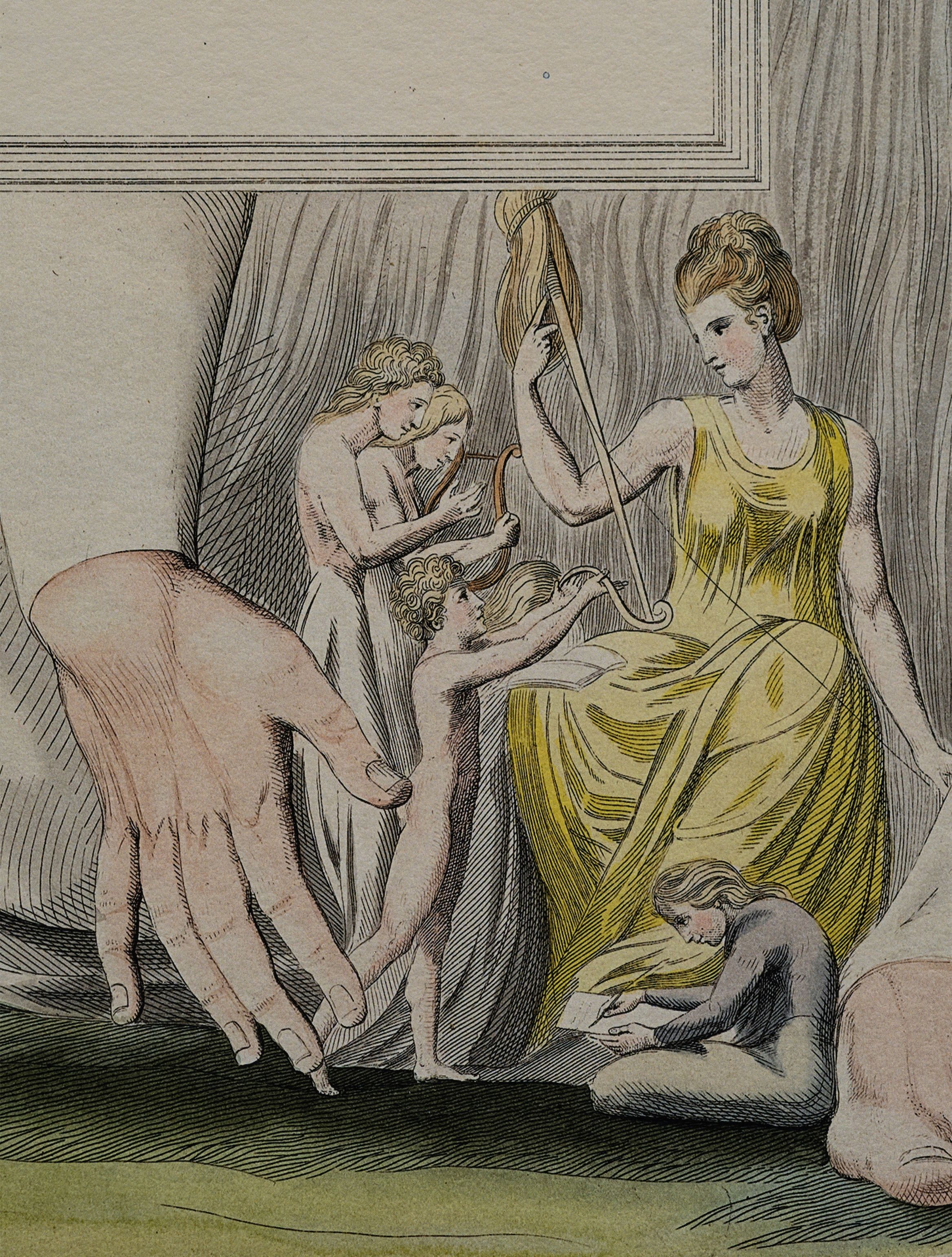 A classical illustration of women and children; one woman in a yellow dress spins thread, while others watch. A large hand is visible on the left.