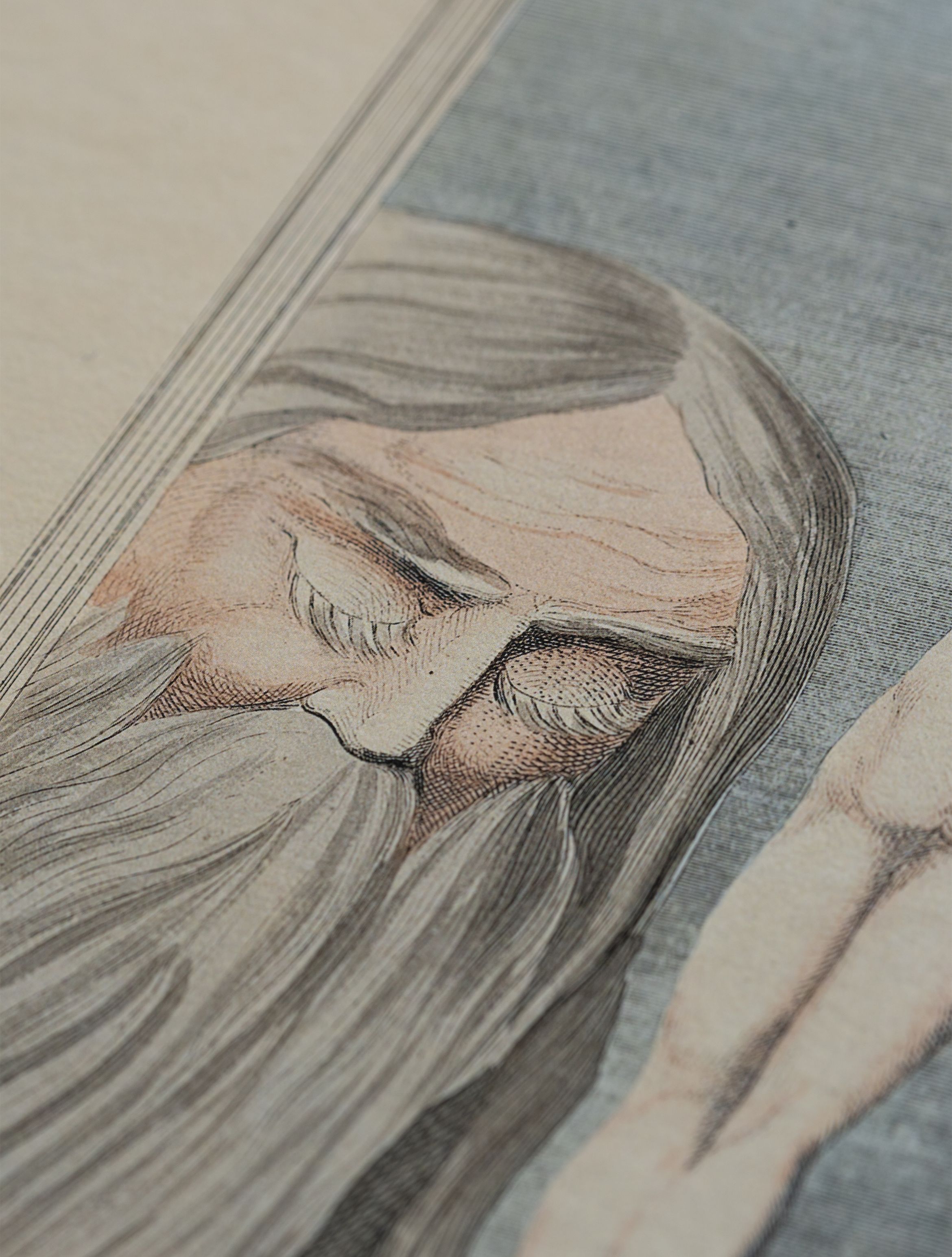 Close-up of a detailed illustration depicting an elderly man with long hair and a beard, gazing downward with closed eyes.