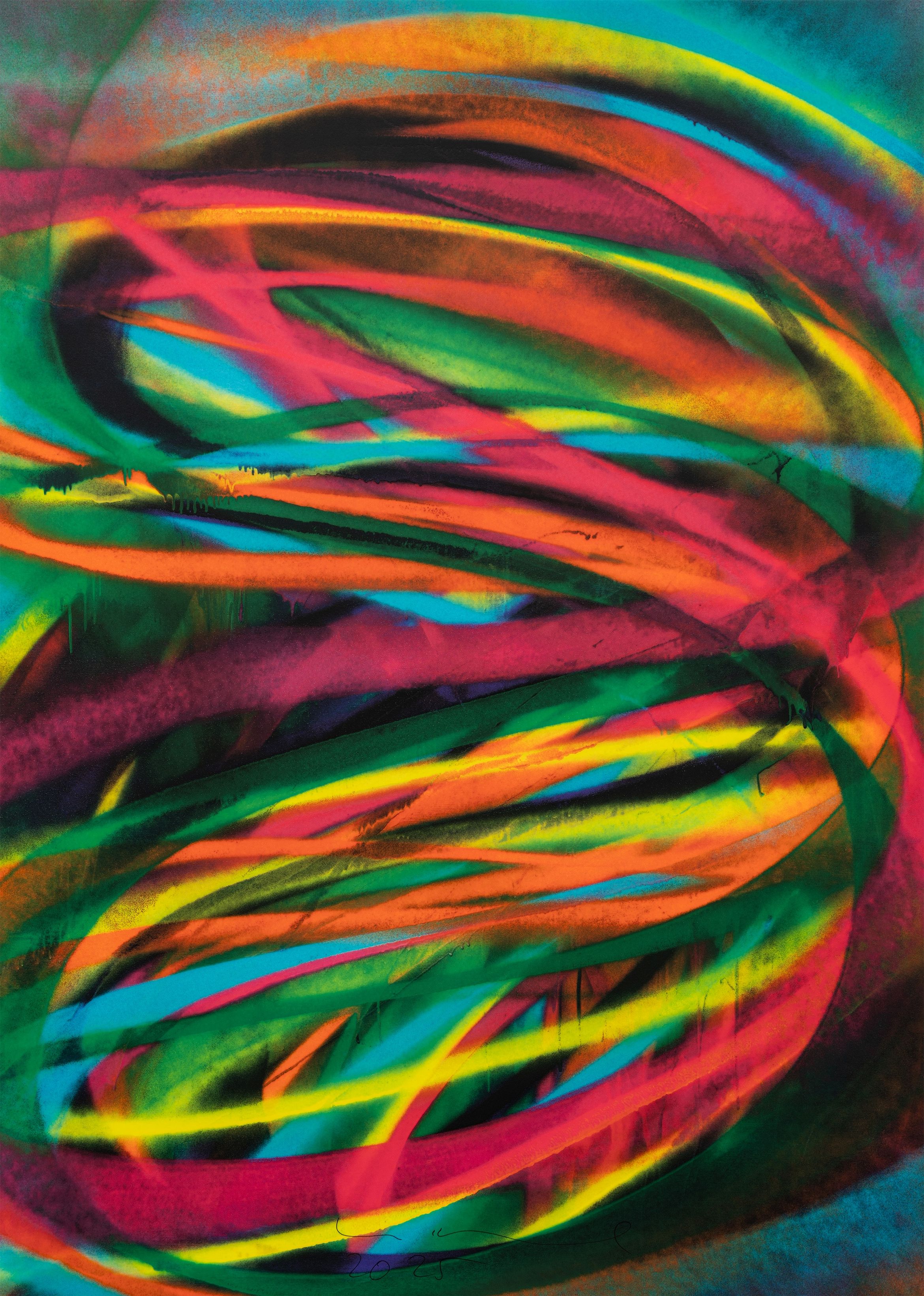 A vibrant abstract painting with swirling neon colours, including red, yellow, green, and blue, creating dynamic, overlapping loops.