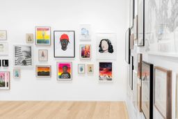 A wall with framed artworks, Exhibition shot WOAW Gallery & Avant Arte A wall with framed artworks, Exhibition shot WOAW Gallery & Avant Arte