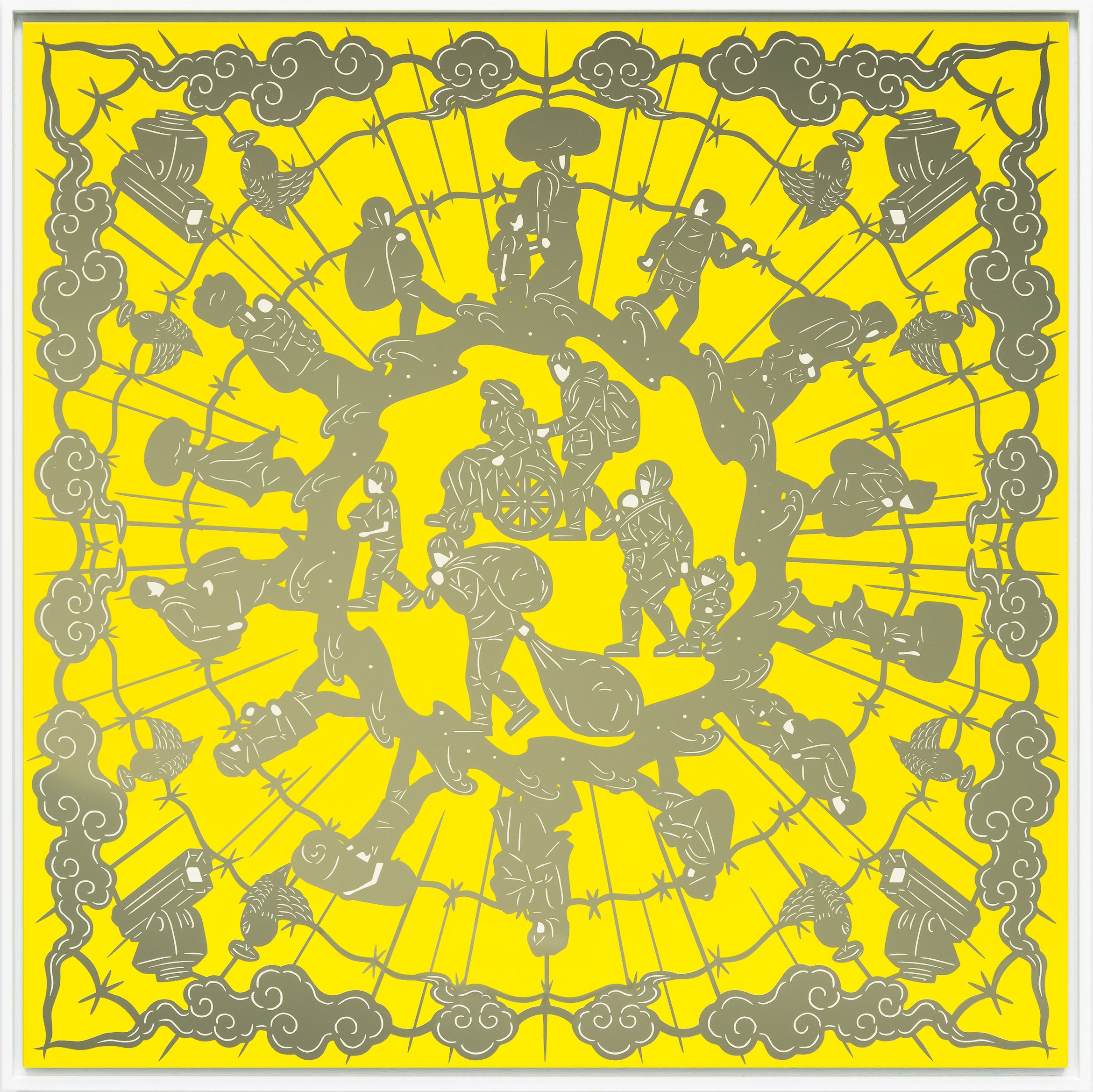 Illustration of people in traditional attire arranged in a circular pattern on a yellow background, surrounded by stylized clouds.