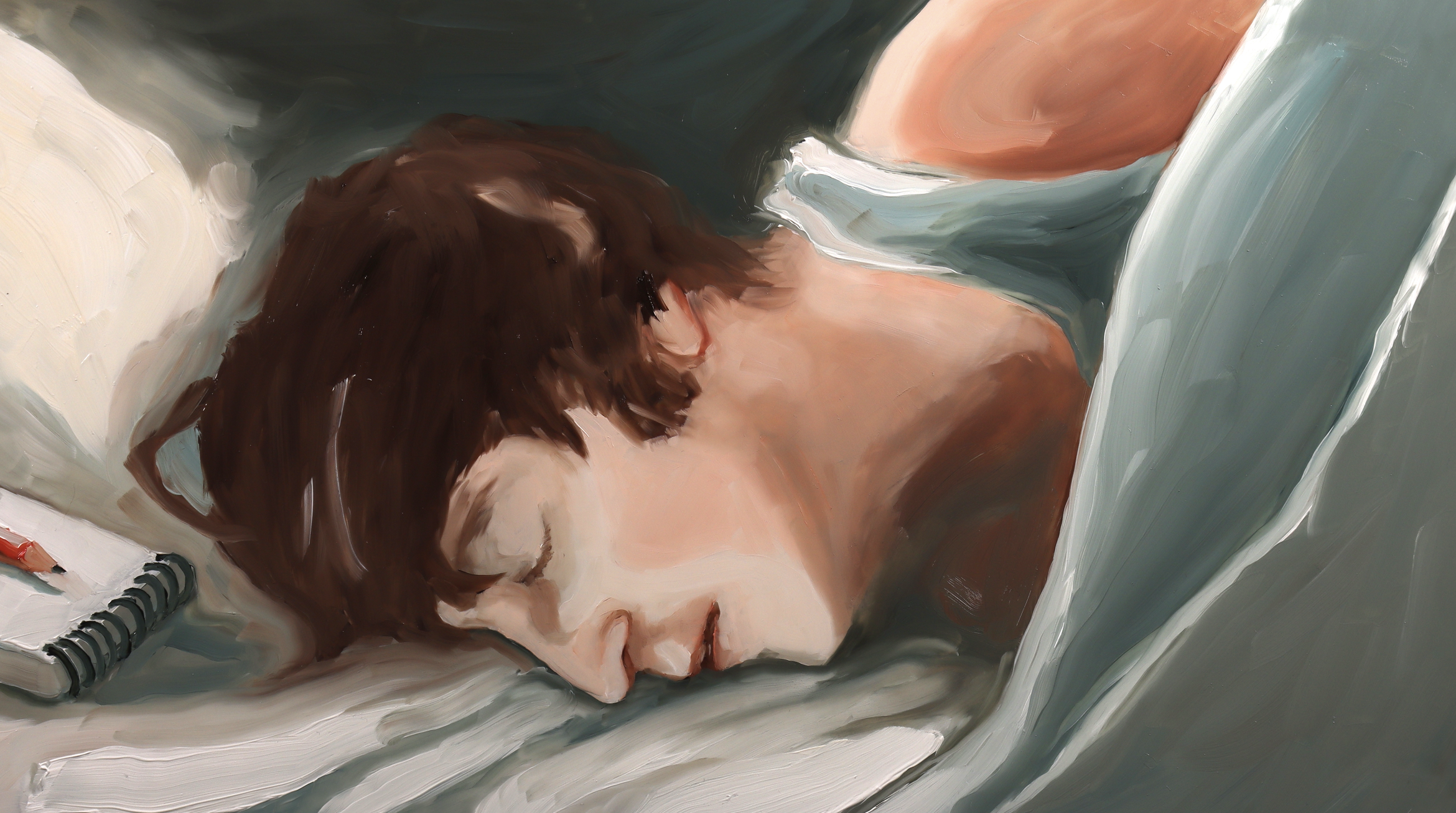 Oil painting of John Lennon face down on a bed beside a notepad and pencil