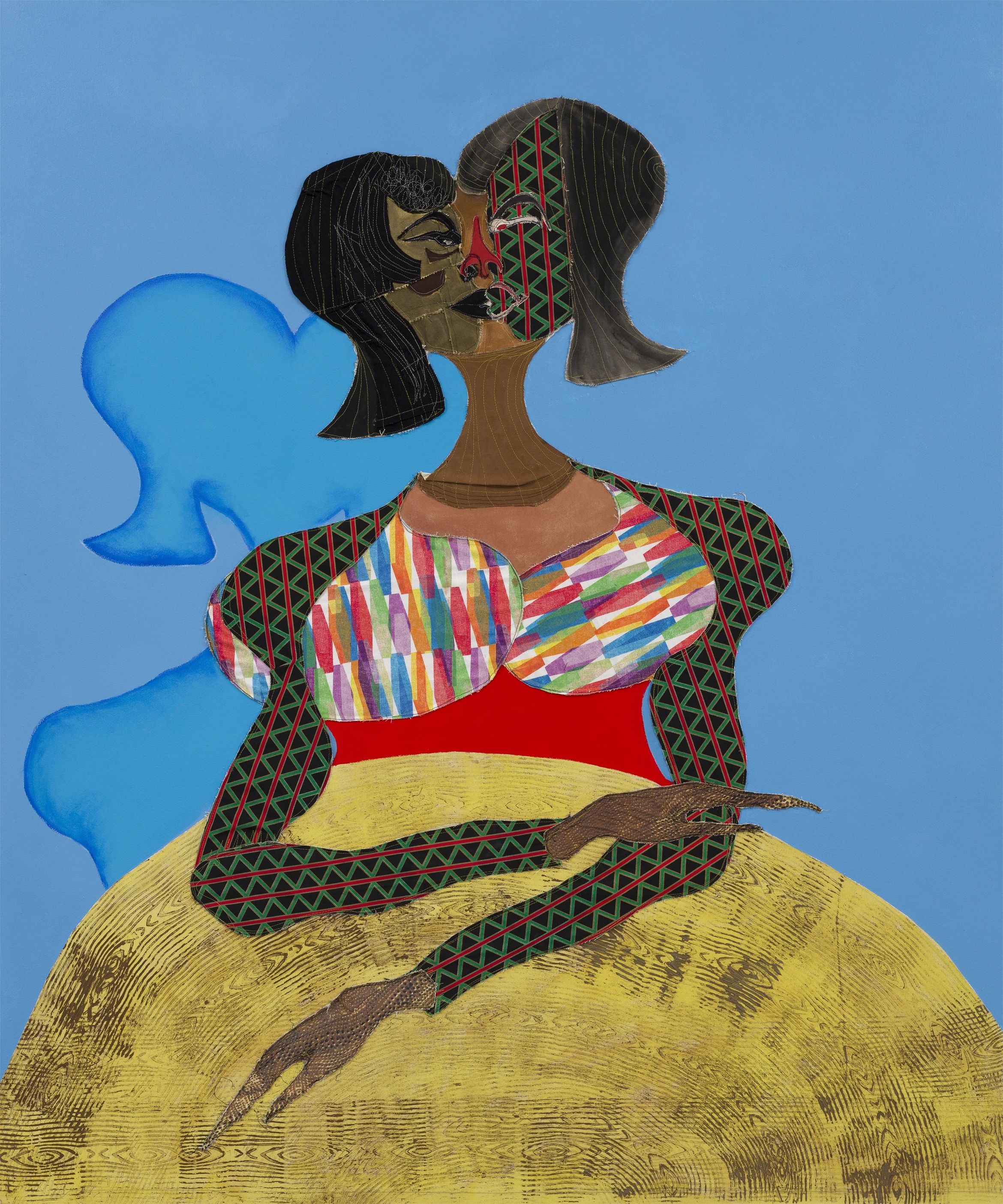 Abstract artwork of stylized figure, featuring geometric patterns, vibrant colors, and a textured background with a bright blue backdrop.