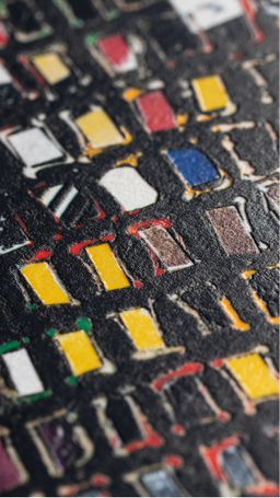 A close-up of Mark Bradford's Scorched Earth artwork.