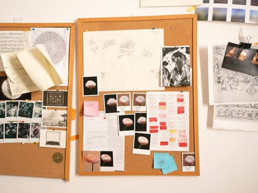 Cork board pinned with photos, maps, notes and diagrams in Anna Ridler's studio Cork board pinned with photos, maps, notes and diagrams in Anna Ridler's studio
