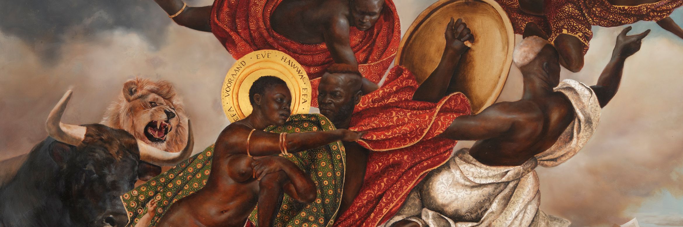 A close-up detail of a painting by Harmonia Rosales