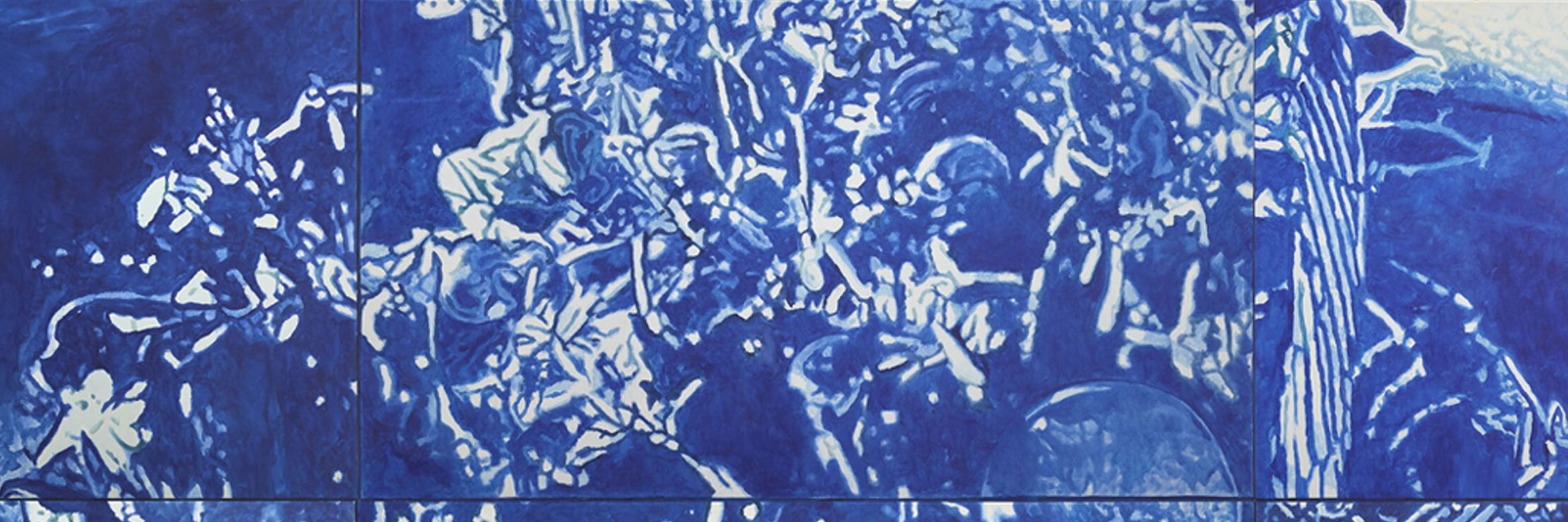 Close up of blue painting with white flower detailing