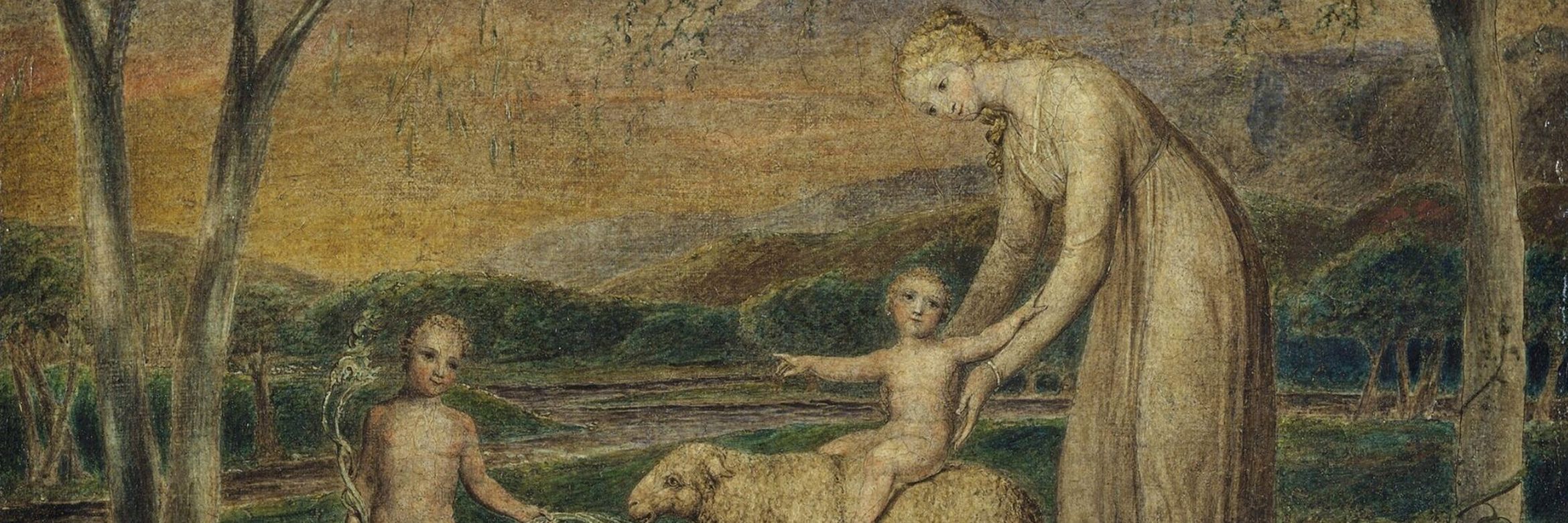 A close up detail of 'Our Lady with the Infant Jesus Riding on a Lamb with Saint John' by William Blake