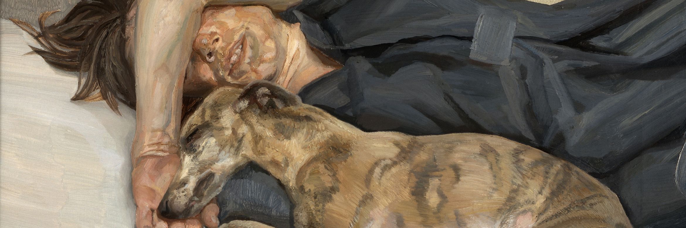Oil painting of a person and a whippet dog