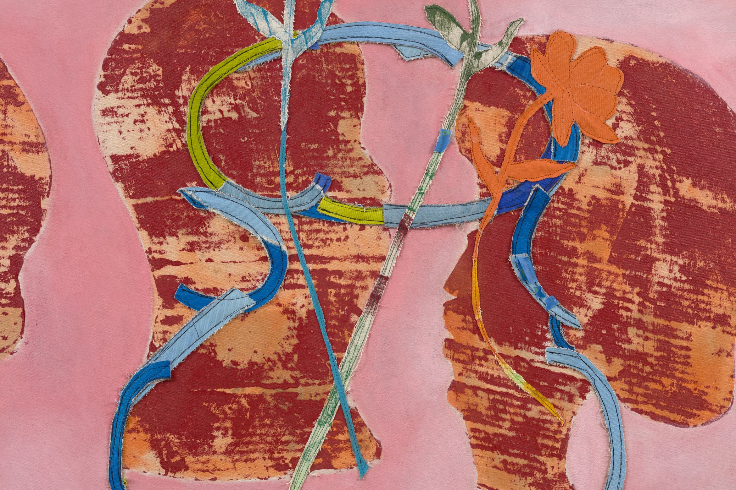 Abstract artwork with overlapping red silhouettes on a pink background, intertwined with colorful vines and an orange flower.