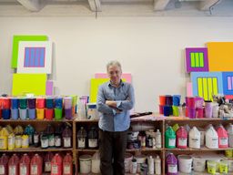 neon artworks by Peter Halley stacked against different walls of his studio neon artworks by Peter Halley stacked against different walls of his studio