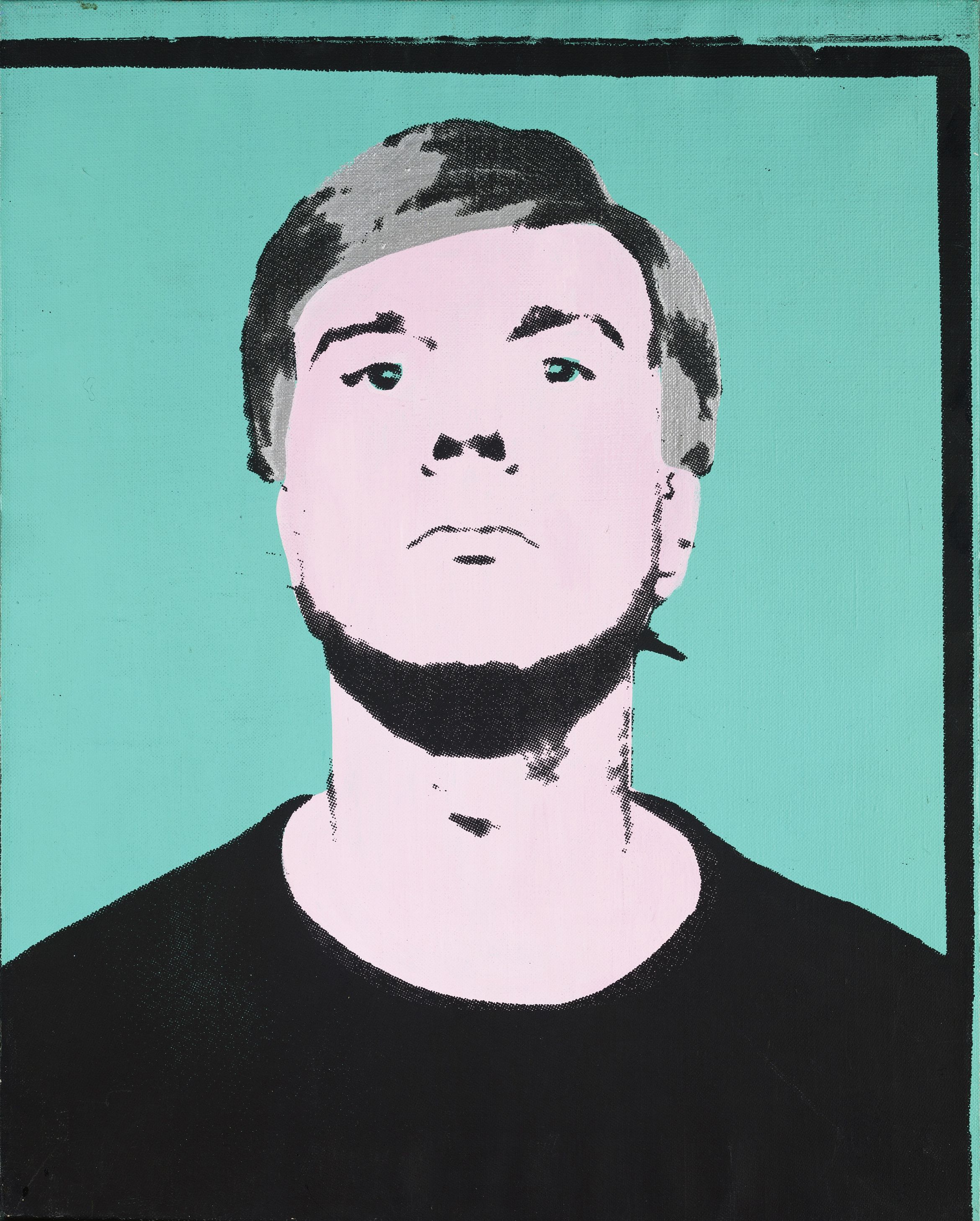 Pop art-style portrait of a Andy Warhol with pink skin tone, black hair, and a black shirt, set against a bright teal background.