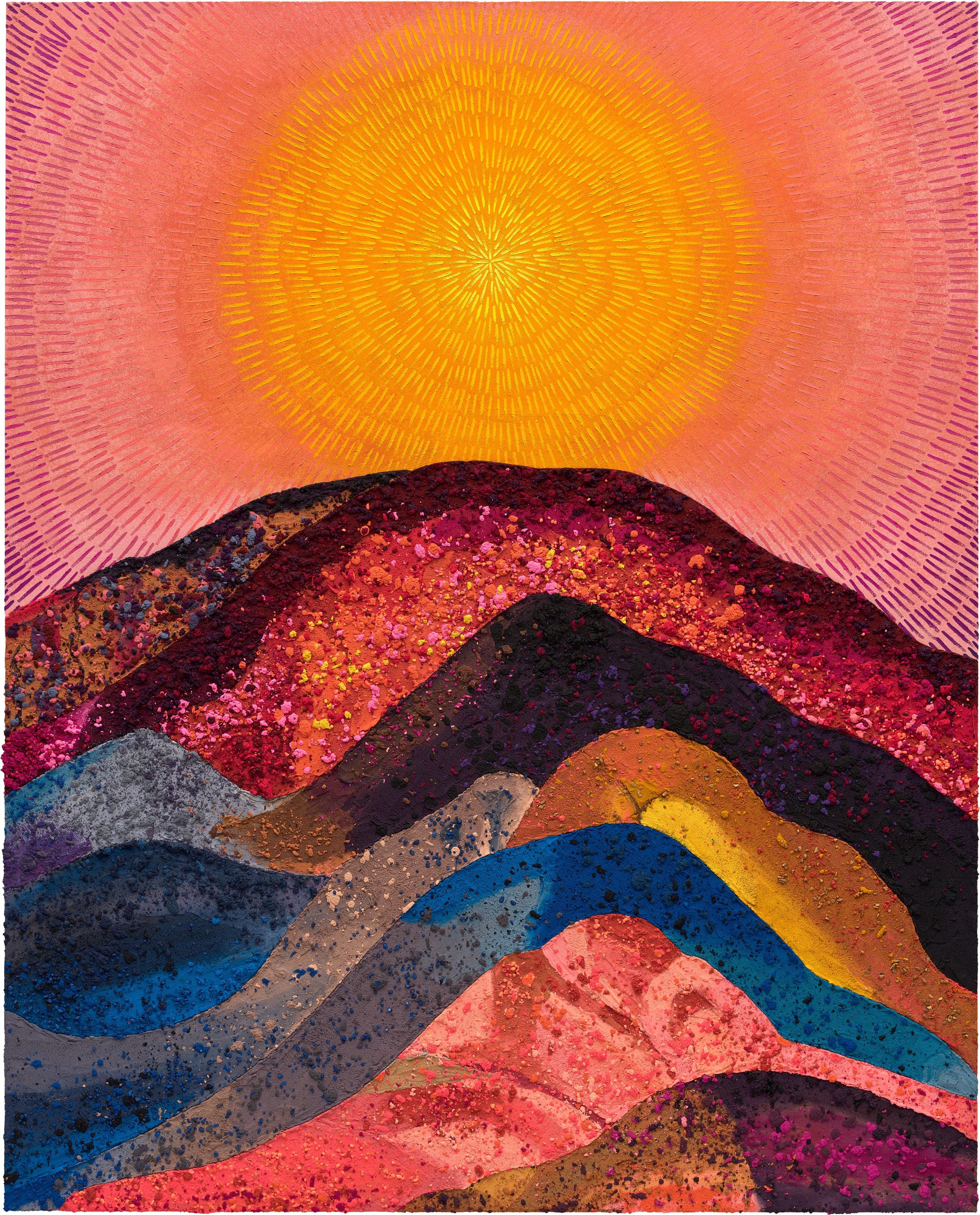 Abstract landscape with colorful, textured hills under a bright, radiant sun against a warm pink sky.