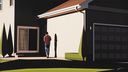 Digital artwork of man going back inside cream and brown house, with harsh shadows and trees, by artist Grant Riven Yun Digital artwork of man going back inside cream and brown house, with harsh shadows and trees, by artist Grant Riven Yun