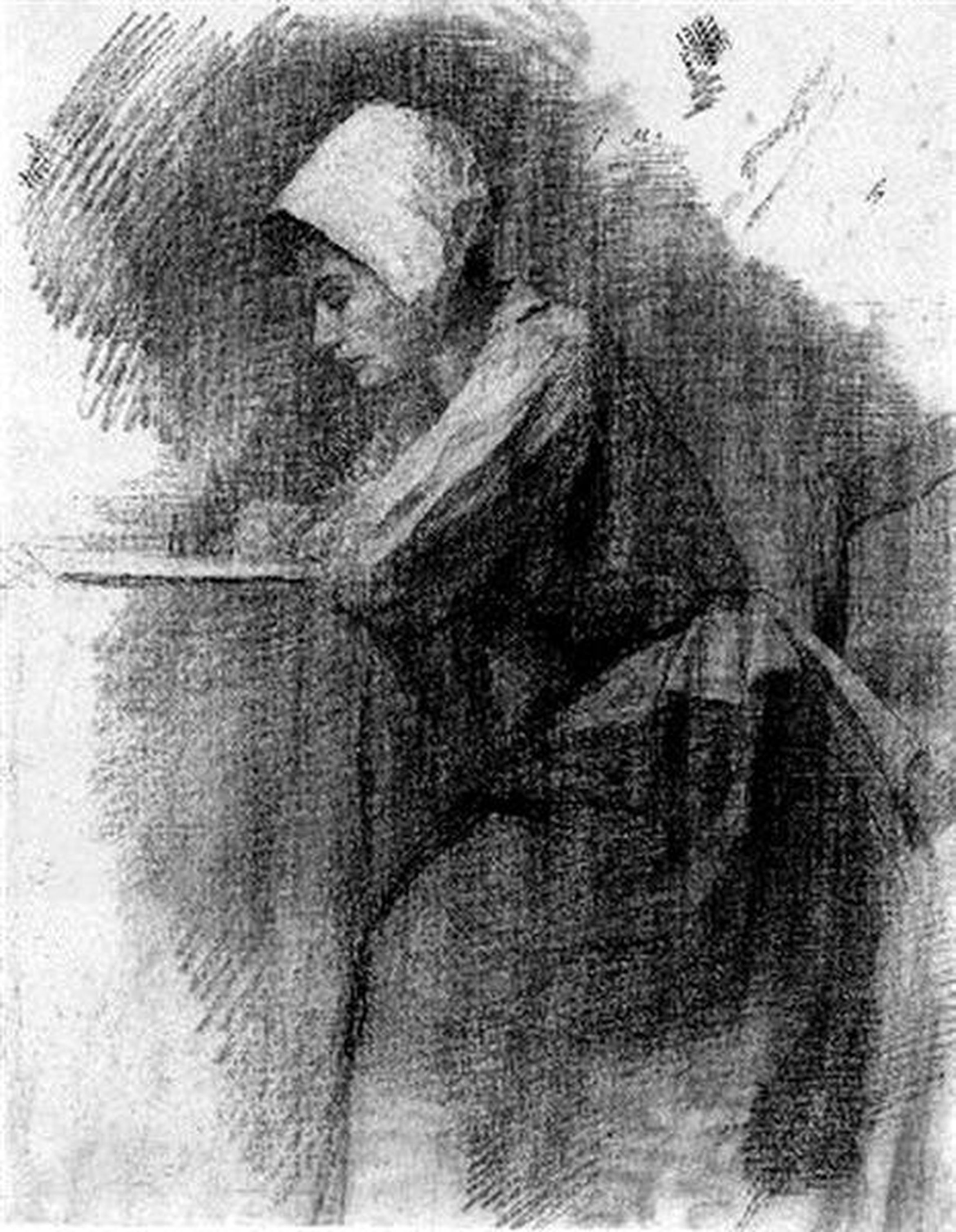 A monochrome sketch of a woman in traditional attire and bonnet, leaning over a table, with her face in profile against a textured background.