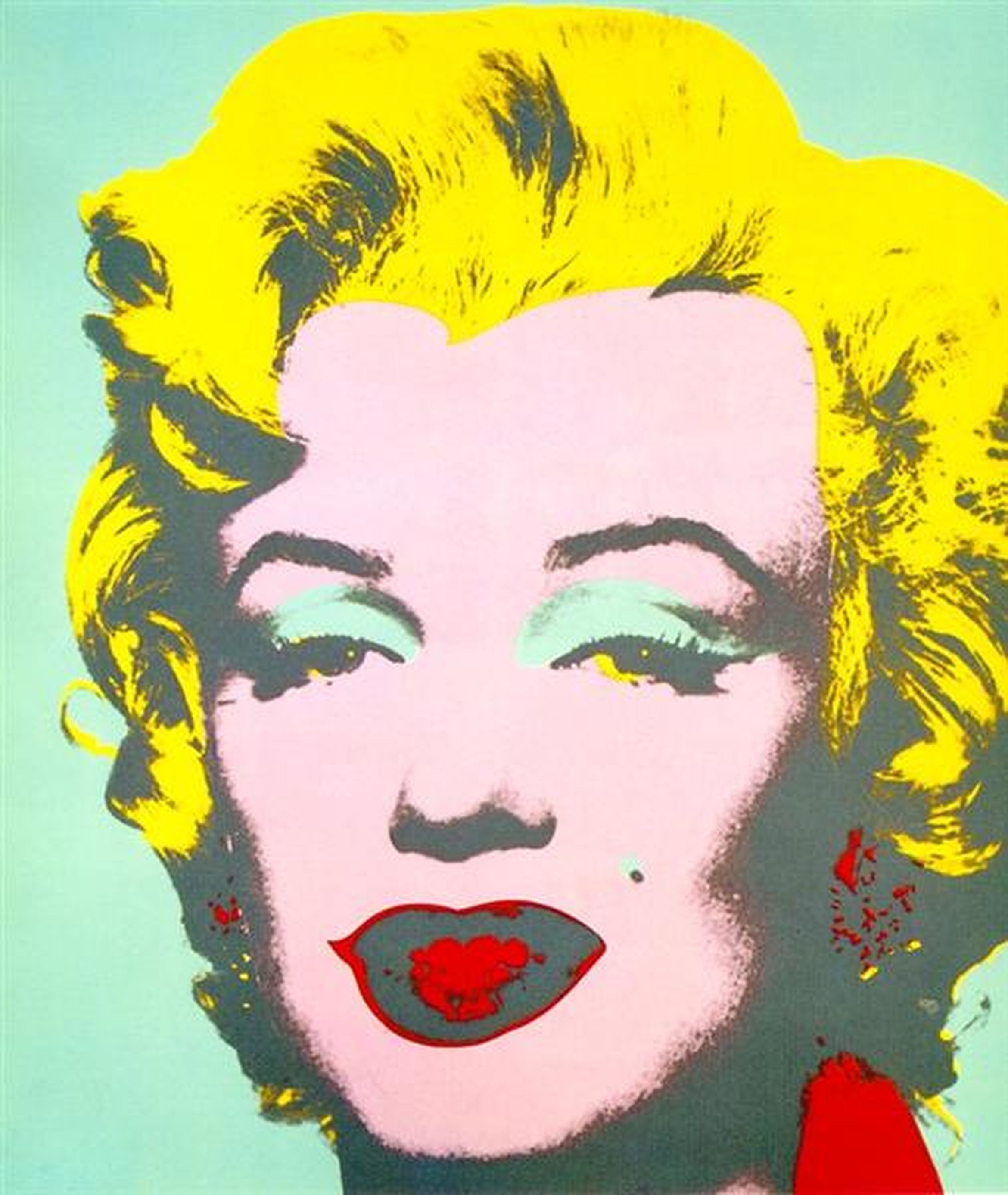 Pop art portrait of a woman with bright yellow hair, pale face, red lips, and turquoise eye shadow set against a light blue background.