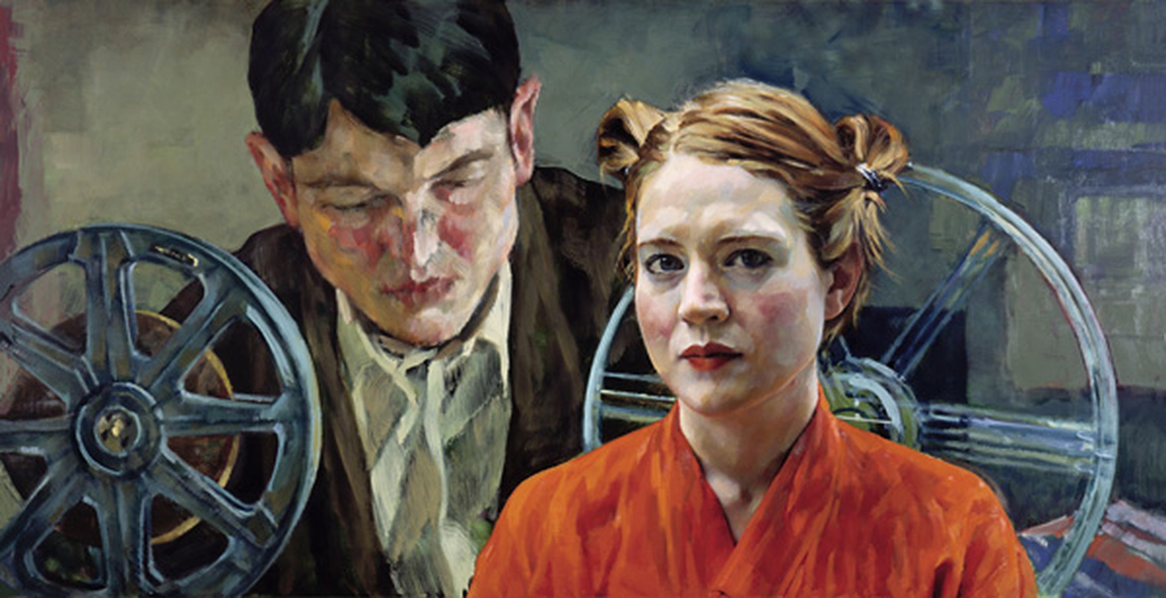 A portrait of a man and woman with film reels in the background, the woman in the foreground with a serious expression and dressed in orange.