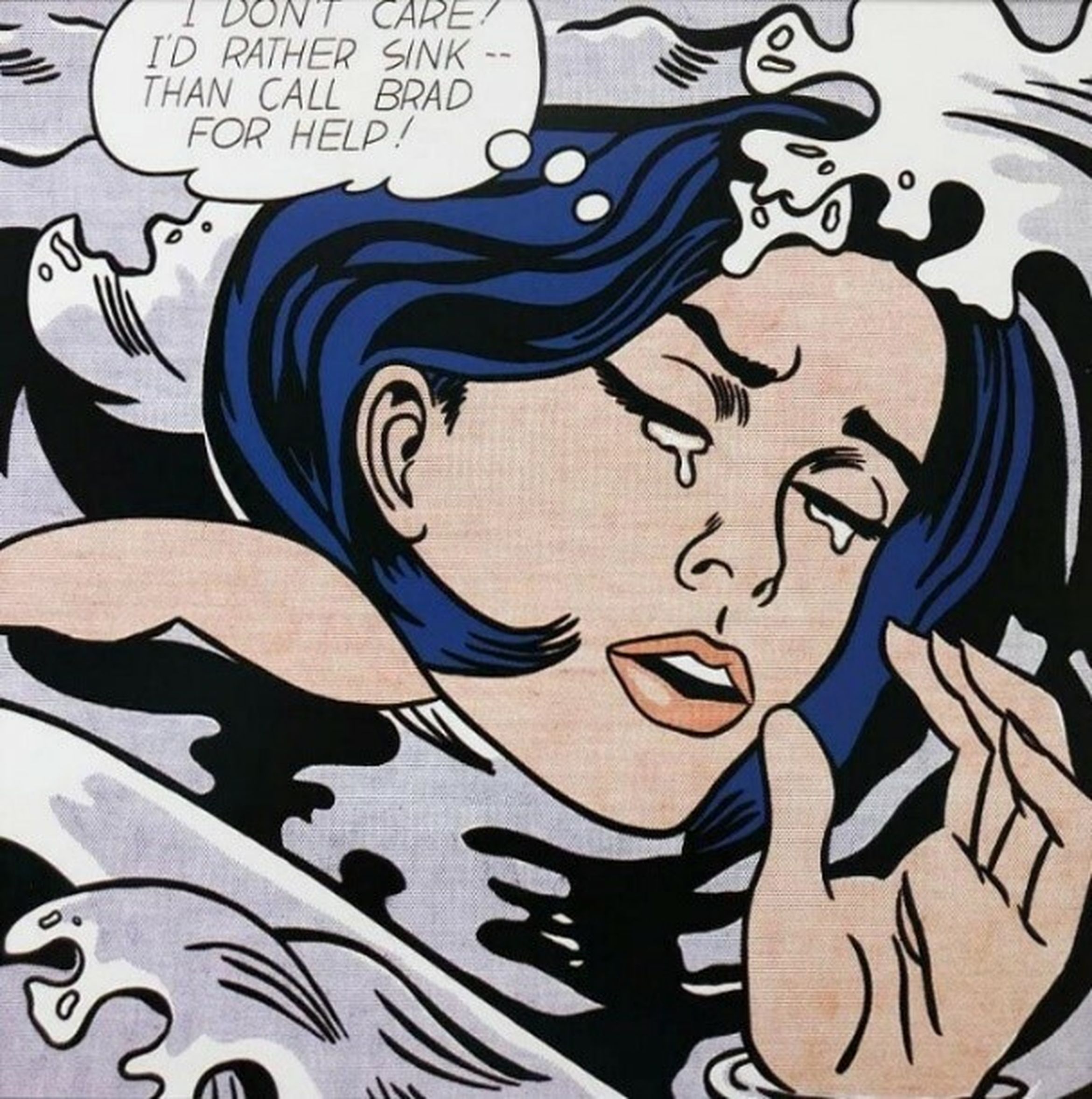 Comic-style image of a woman with blue hair in water, thinking, "I don't care! I'd rather sink—than call Brad for help!"