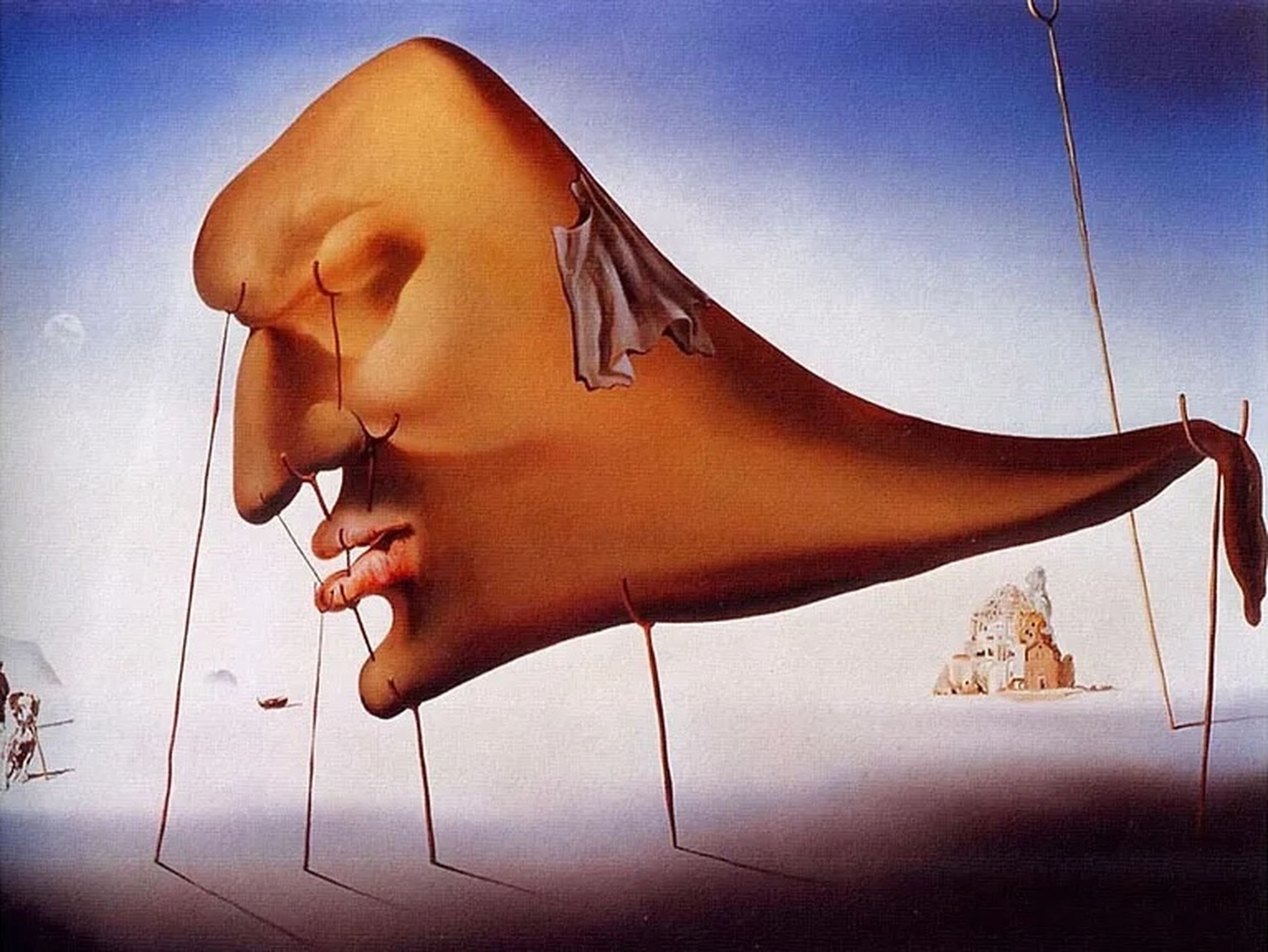 Surreal painting of a distorted face with closed eyes, supported by crutches against a blue sky, with a distant landscape in the background.