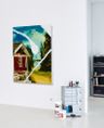 image of a painting of a red house hanging in a studio image of a painting of a red house hanging in a studio