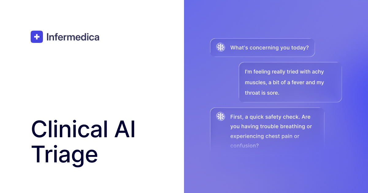 Screenshot of AI Triage by Infermedica, Clinical AI triage that routes patients to the right level of care