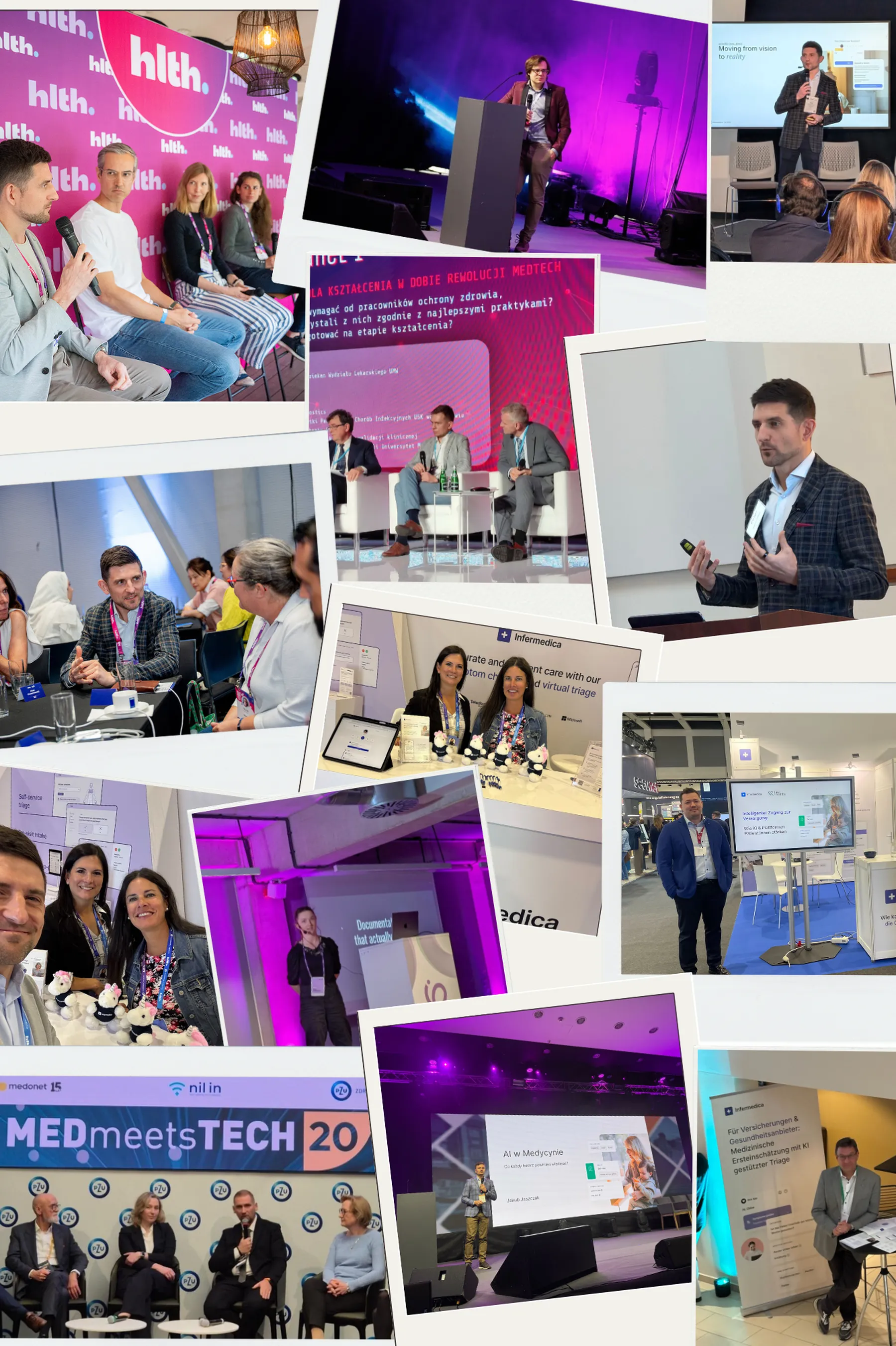 Photos of Infermedica experts on stage at HLTH Europe and other major healthcare events