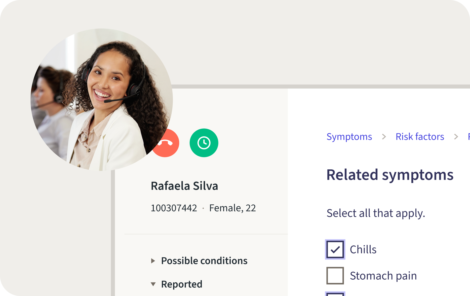 A smiling woman with a headset is shown alongside a digital medical record displaying symptoms and risk factors as the women checks a patients symptoms over the phone.