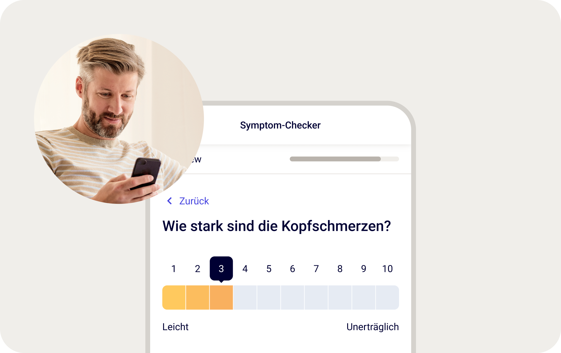 Man using a phone with a symptom checker app open, rating headache pain as 3 out of 10. German text displayed.