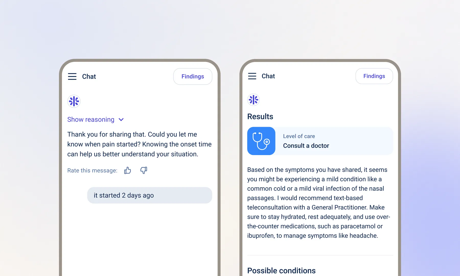Two product screens of a healthcare app: left shows a conversational triage chat; right shows triage results advising consult a doctor.