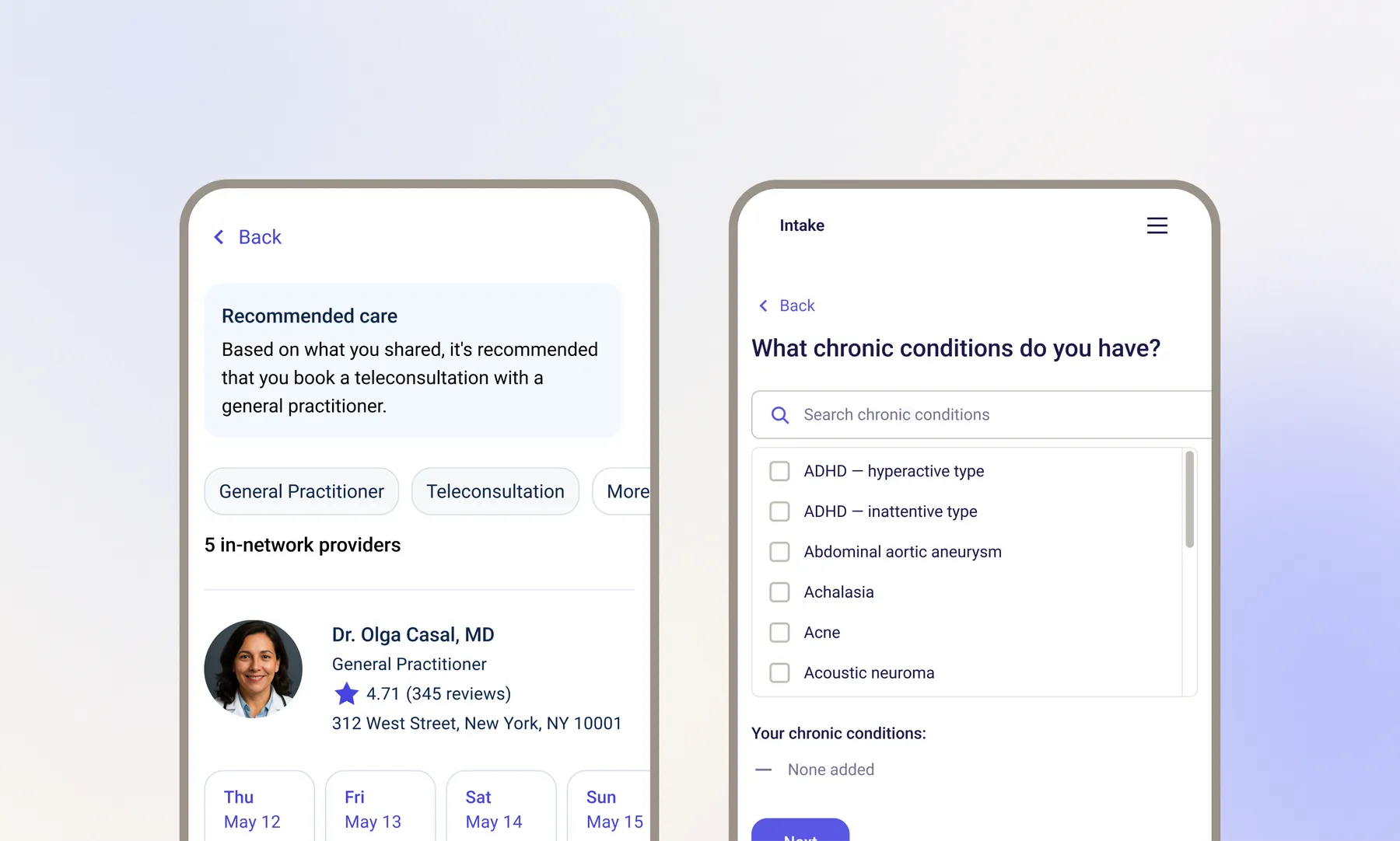 Two product screens on mobiles: left shows telemedicine booking form and a doctor profile with dates; right shows an intake checklist for chronic conditions.