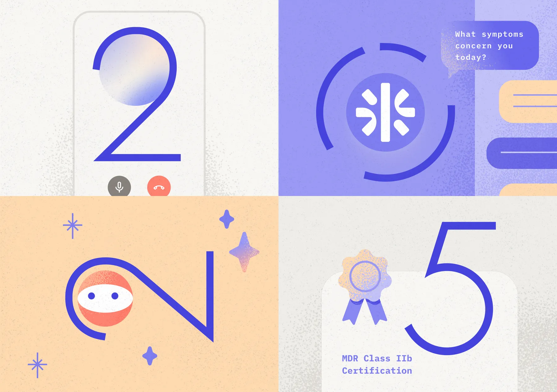 Abstract design with numbers "2025," medical symbols, a phone interface, and a MDR Class IIb certification badge against a pastel background.