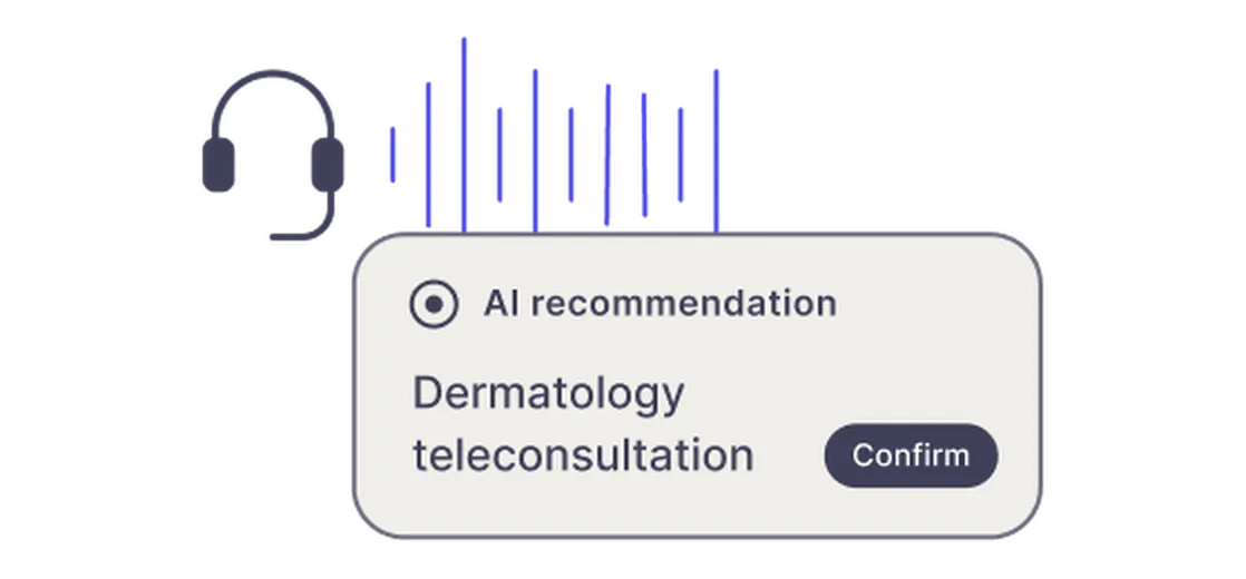 AI recommendation for dermatology teleconsultation with a confirm button and a headset graphic.